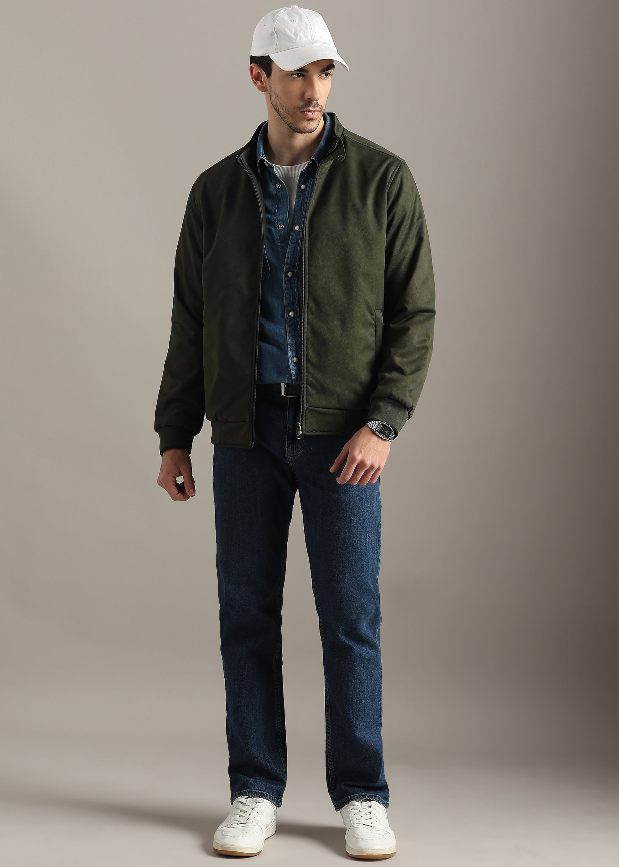 OLIVE SOLID  REVERSIBLE TEXTURED FULL SLEEVE JACKET