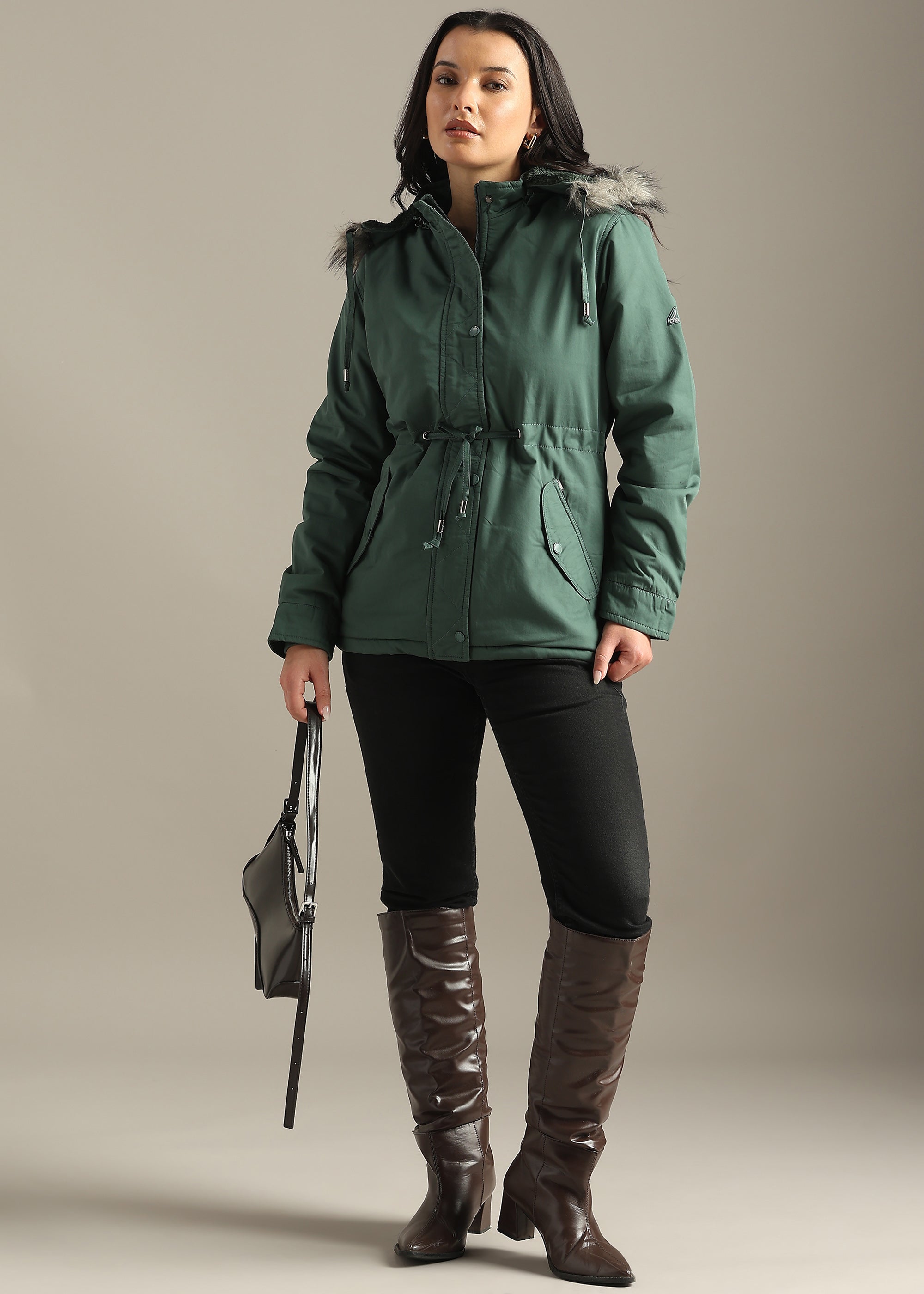 GREEN SOLID COTTON UTILITY FUR BACK FULL SLEEVE JACKET