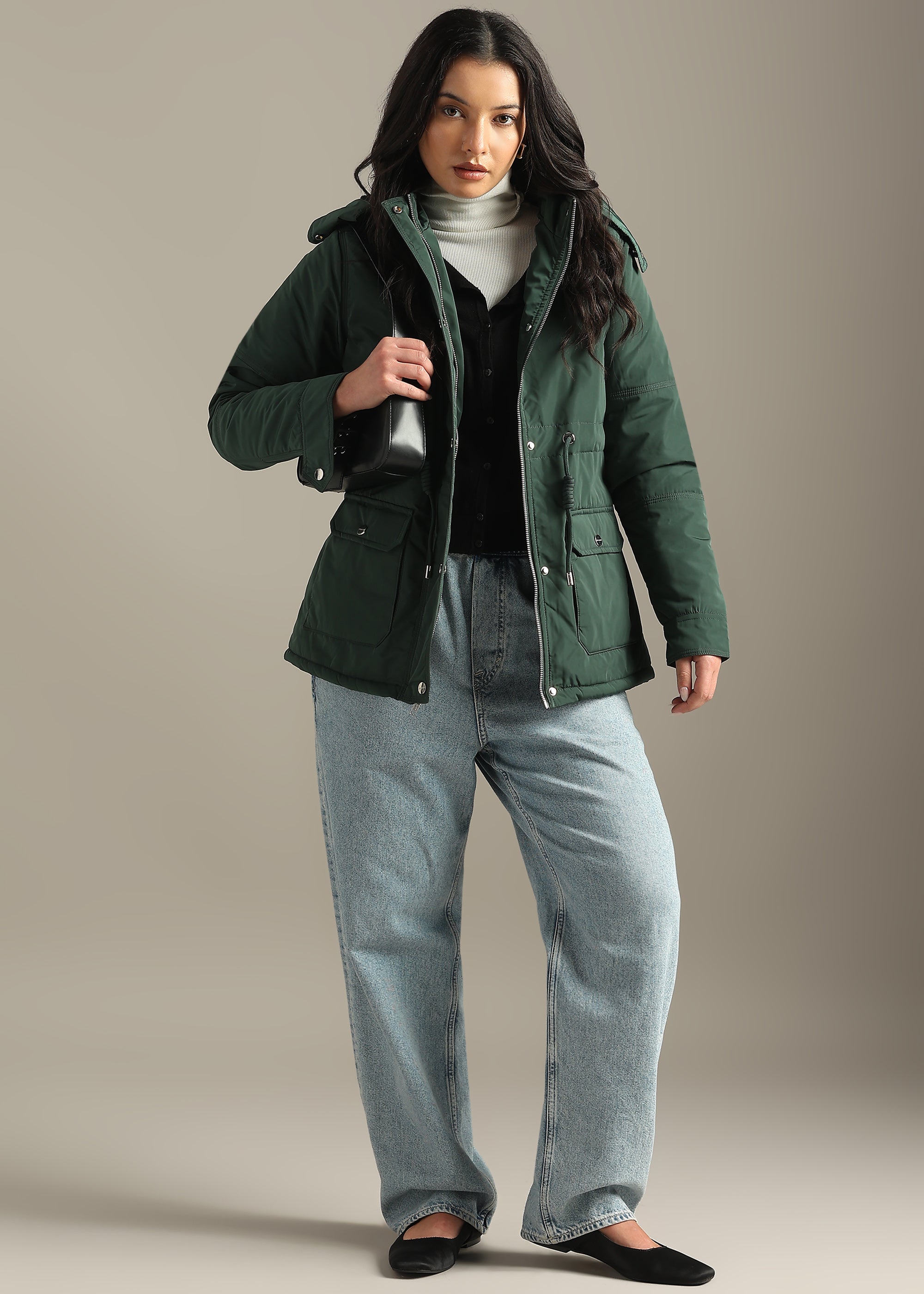 GREEN SOLID FUR PADDED PARKA FULL SLEEVE JACKET