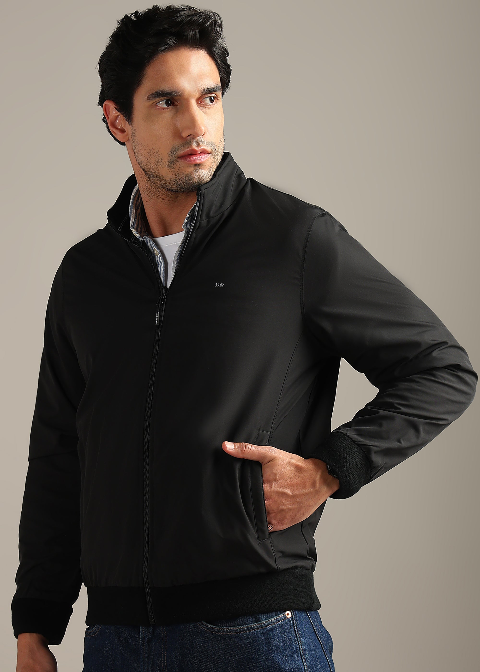 BLACK SOLID REVERSIBLE FULL SLEEVE JACKET WITH ENGINEERED SWEATER