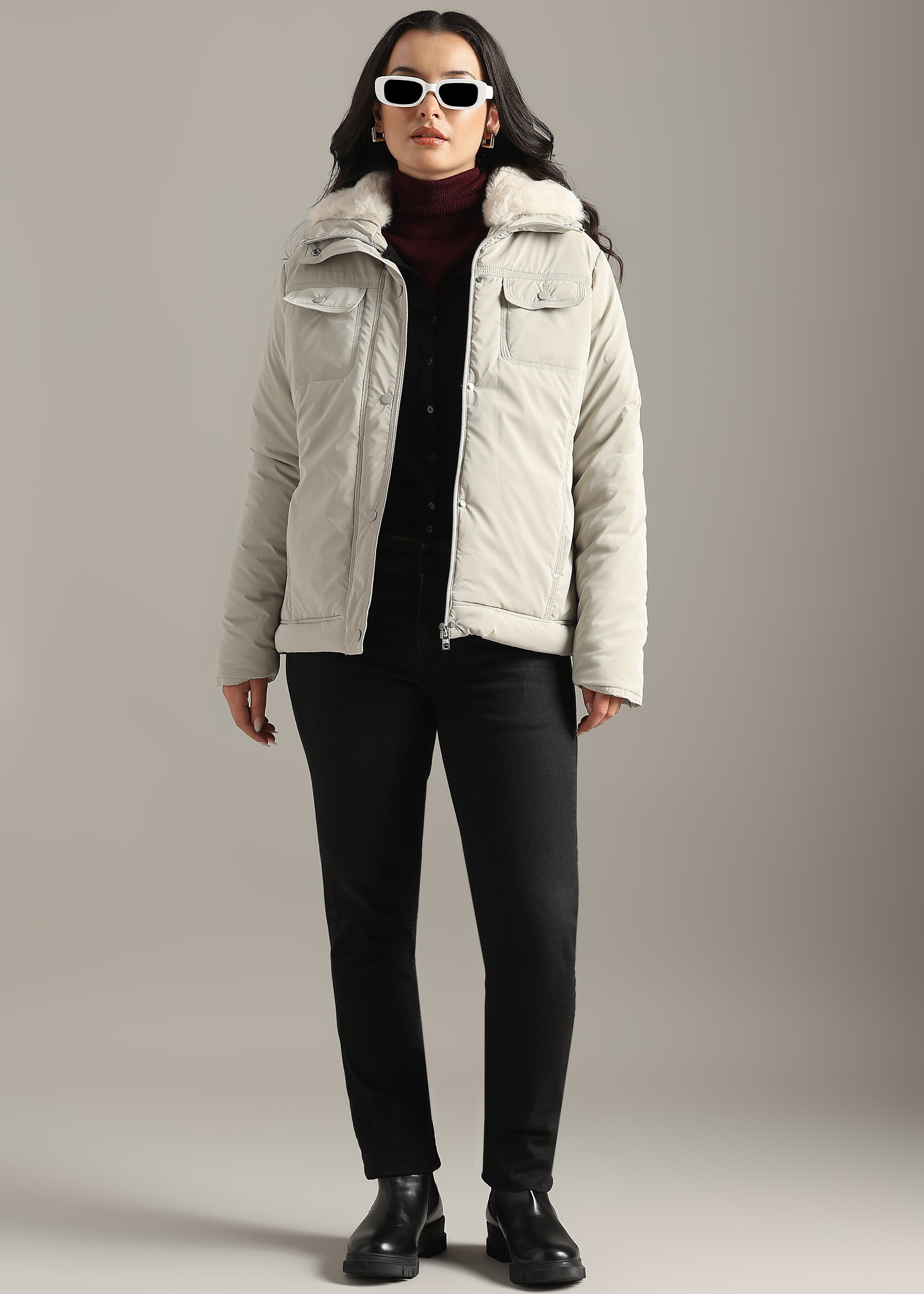 STONE SOFT SKIN FUR COLLAR FULL SLEEVE JACKET