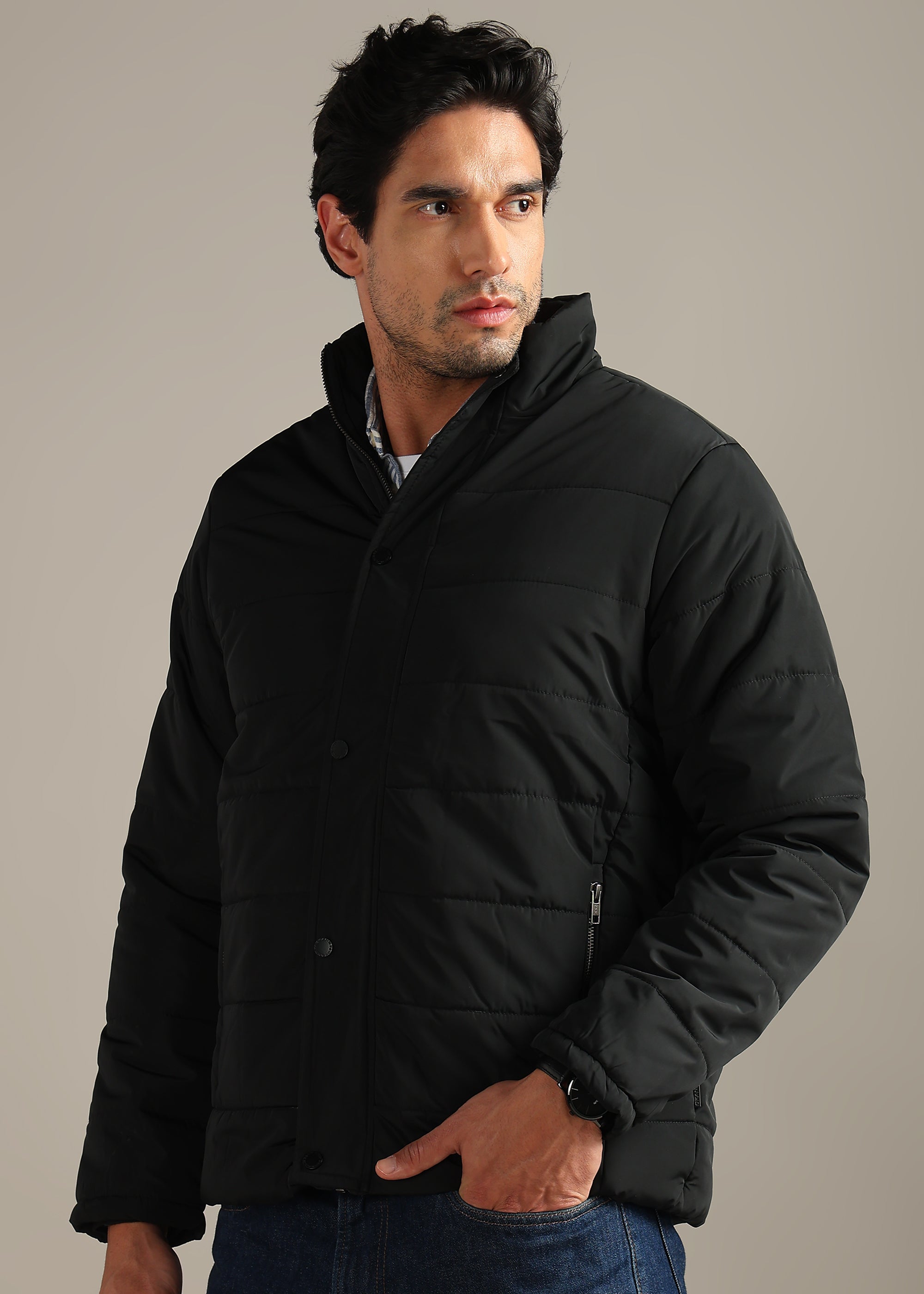BLACK FUR PADDED HOODIE FULL SLEEVE JACKET