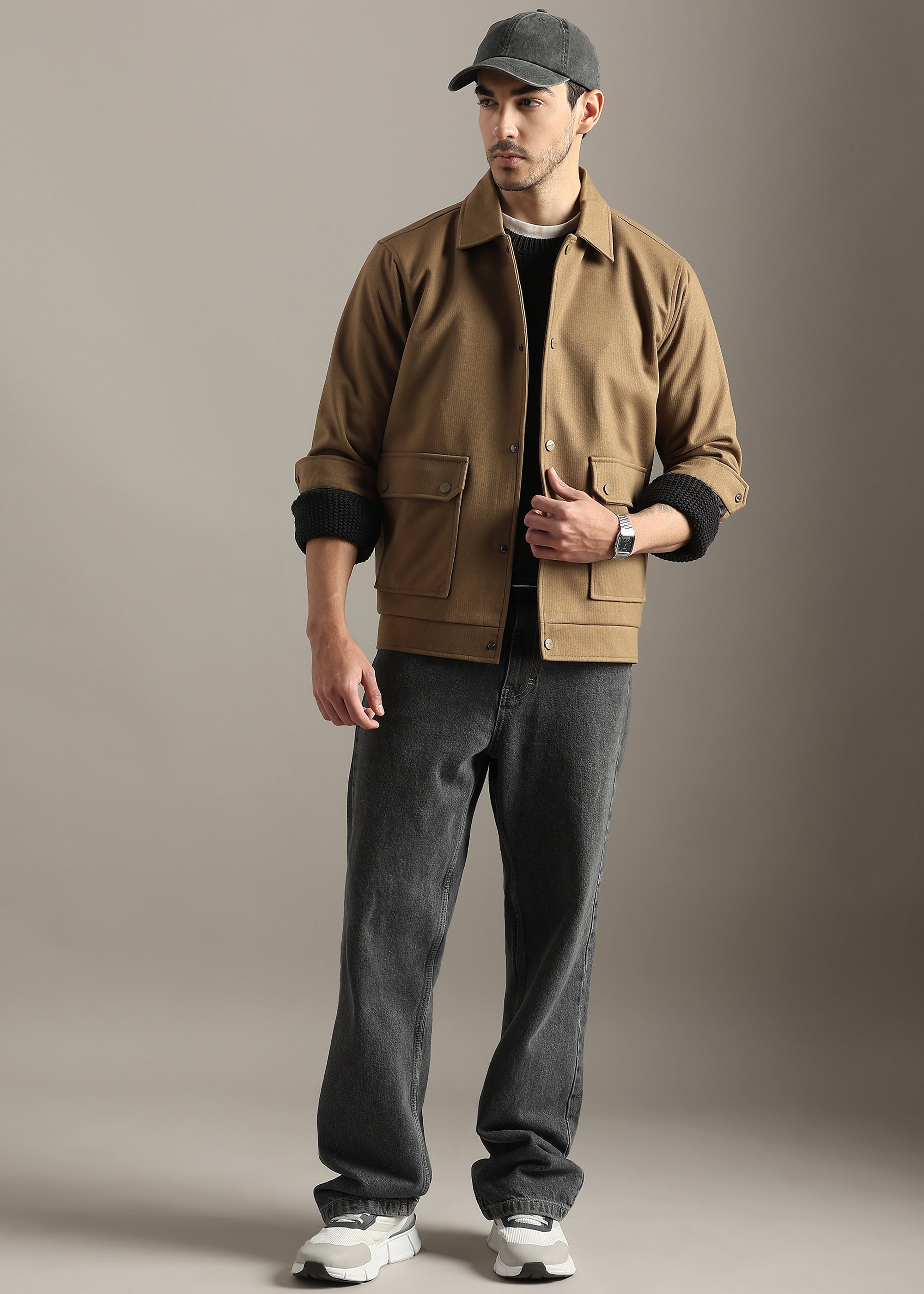 CAMEL STRUCTURED BLOUSON FULL SLEEVE JACKET