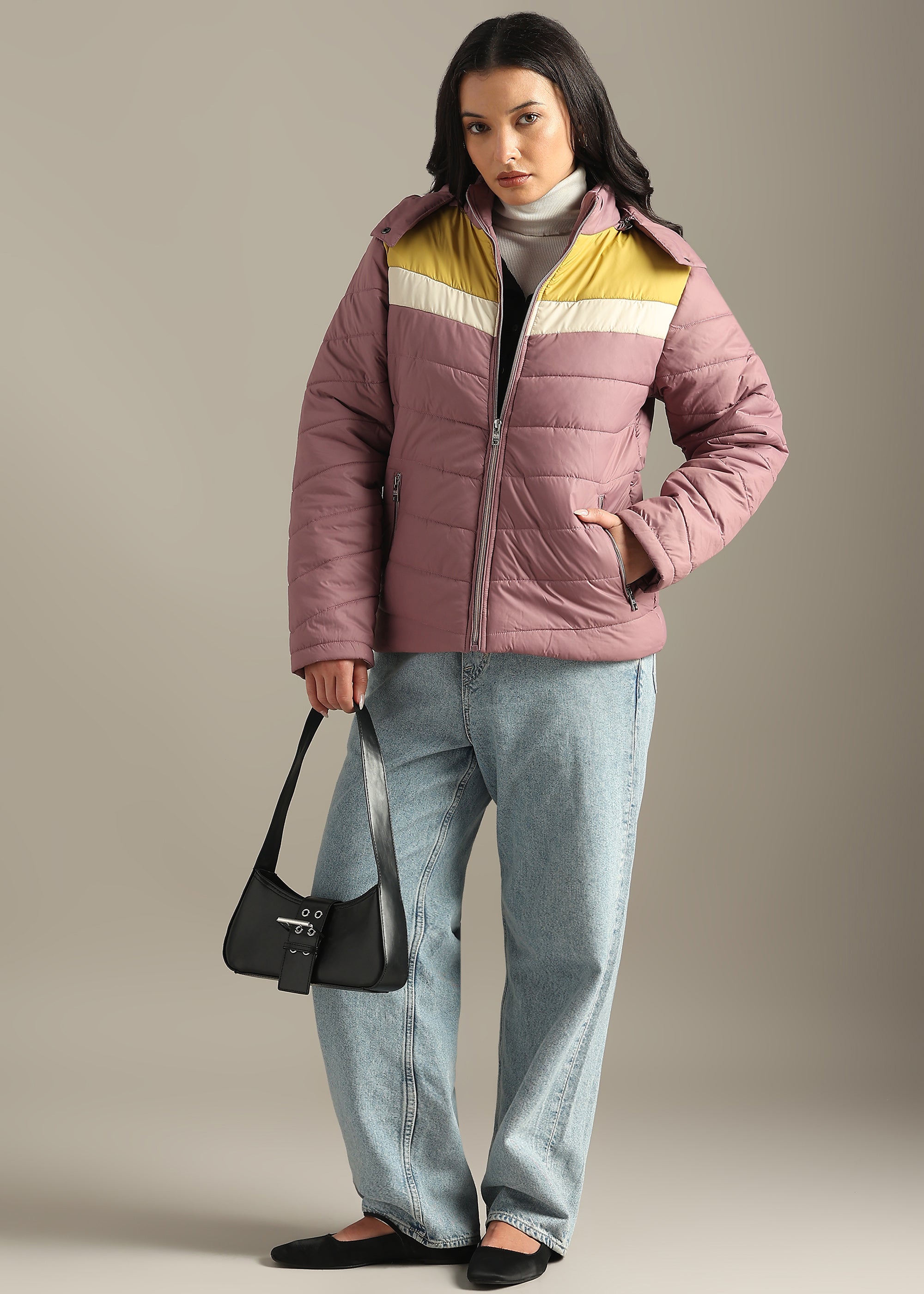 PINK NYLON COLOUR-BLOCK PUFFER FULL SLEEVE JACKET