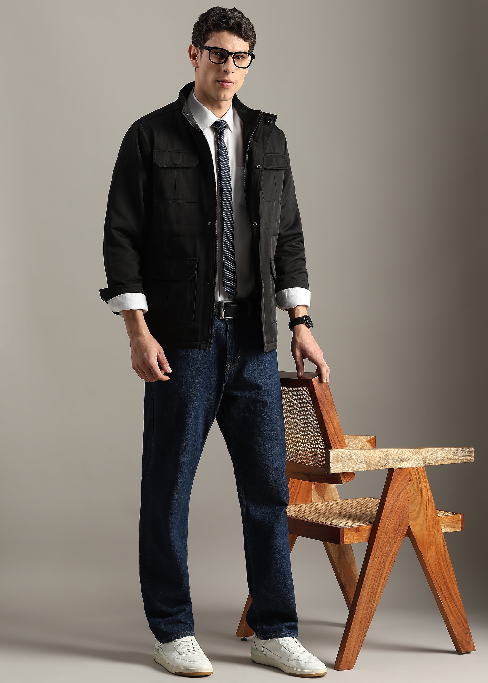 BLACK SOLID FUR COTTON CARGO FULL SLEEVE JACKET