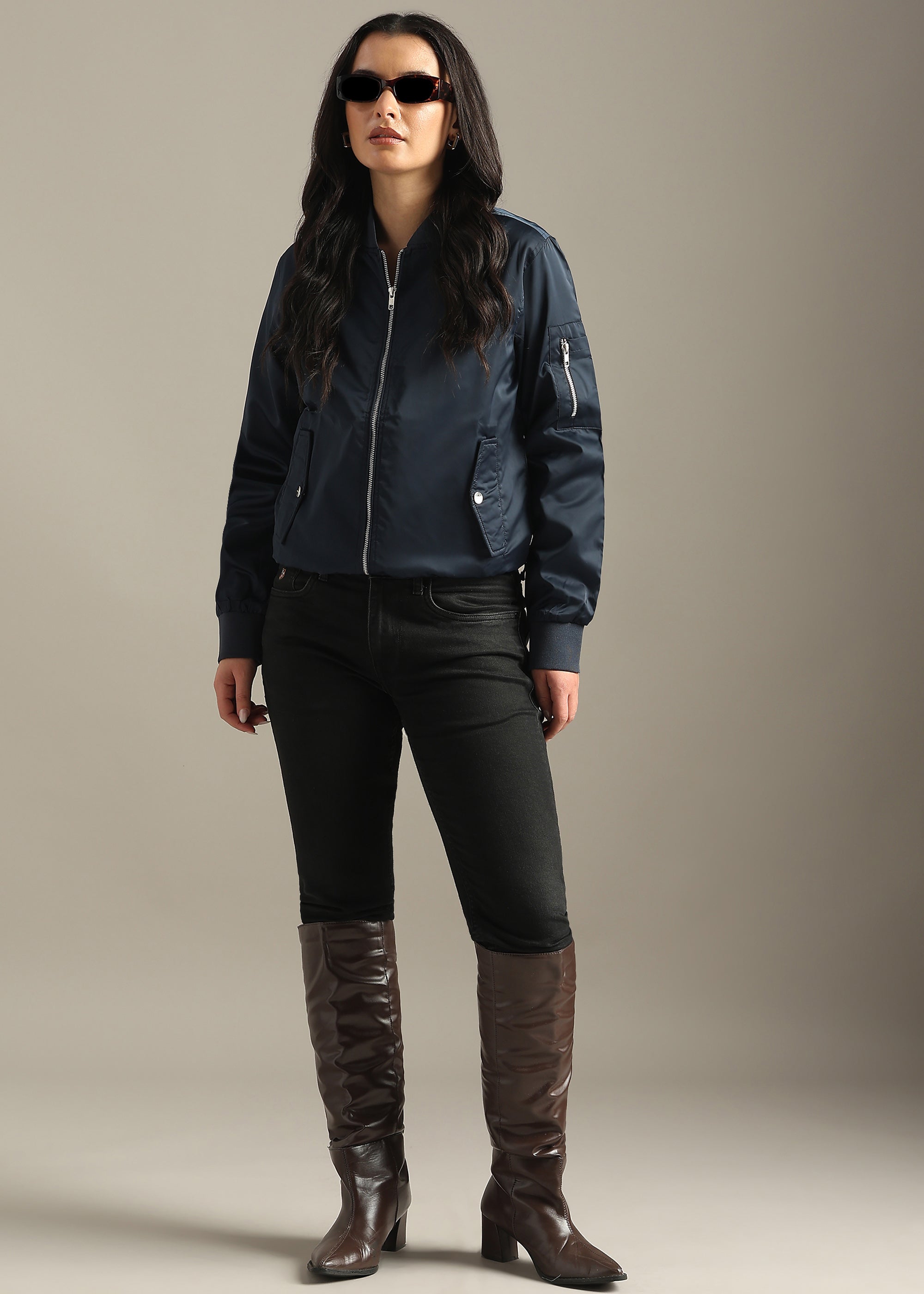 NAVY SATIN BOMBER FULL SLEEVE JACKET