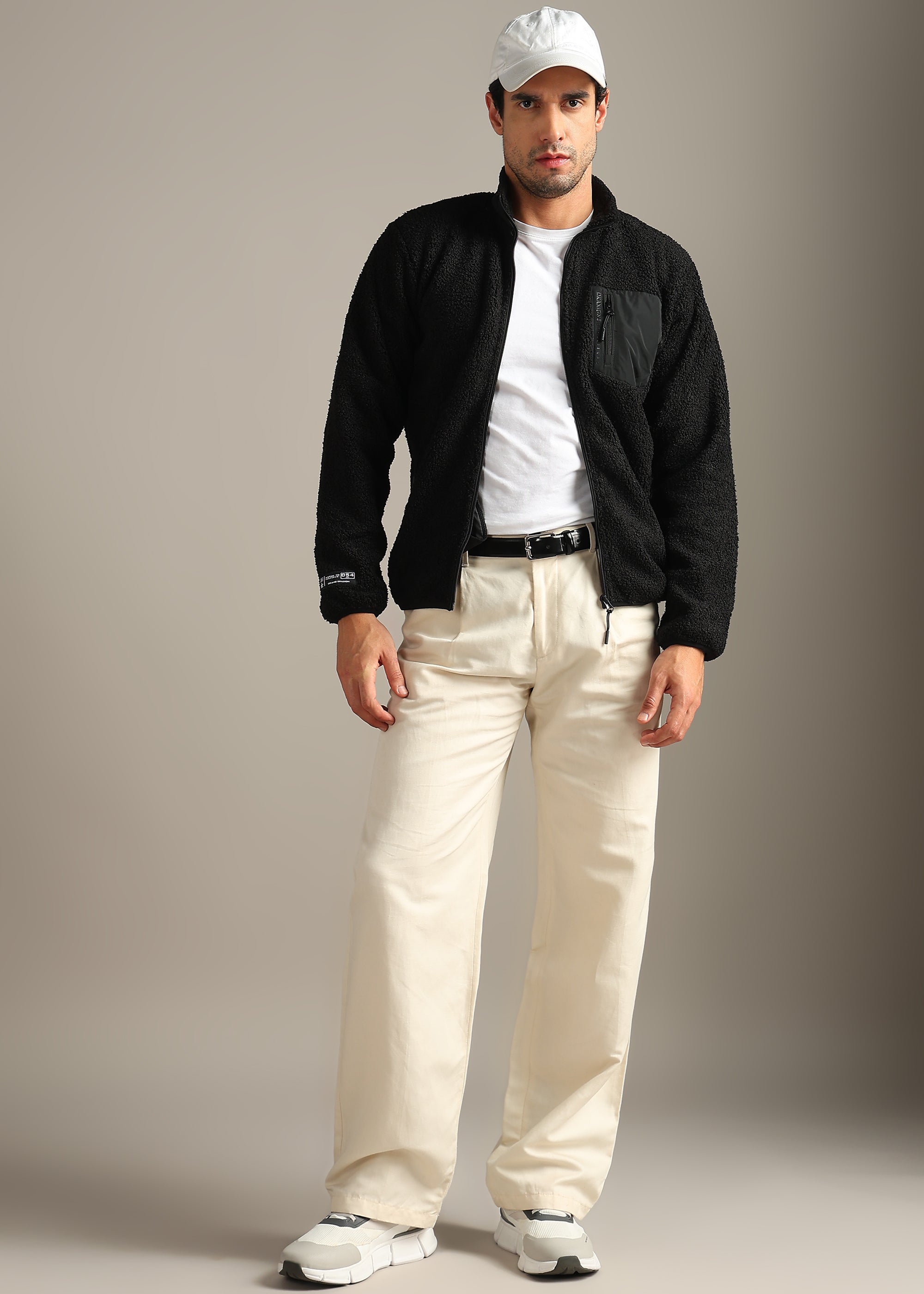 BLACK SOLID FOUX SHEARLING ZIPPER SWEAT SHIRT