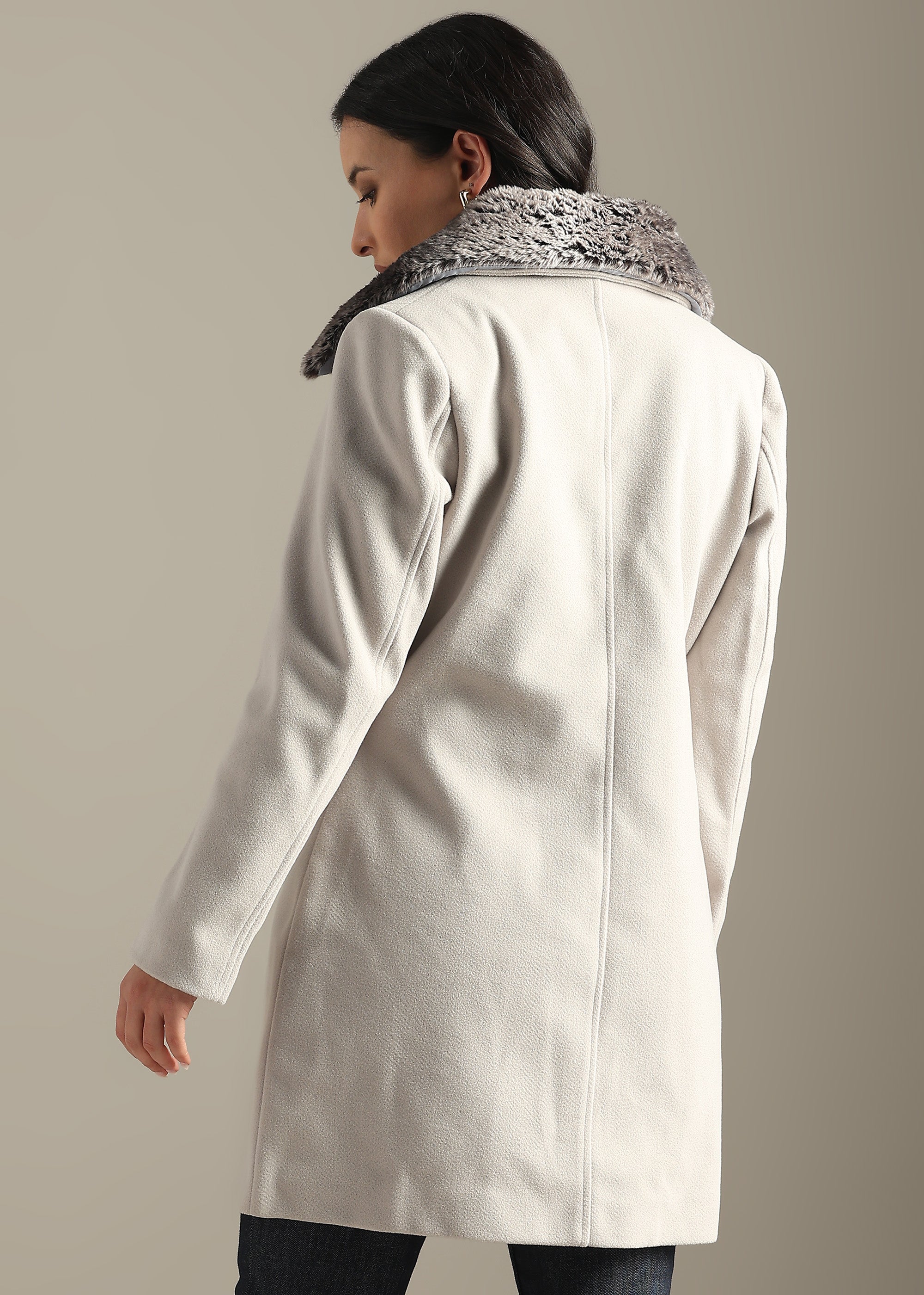 CEMENT SOLID TWEED DETACHABLE FUR COLLAR OVERCOAT