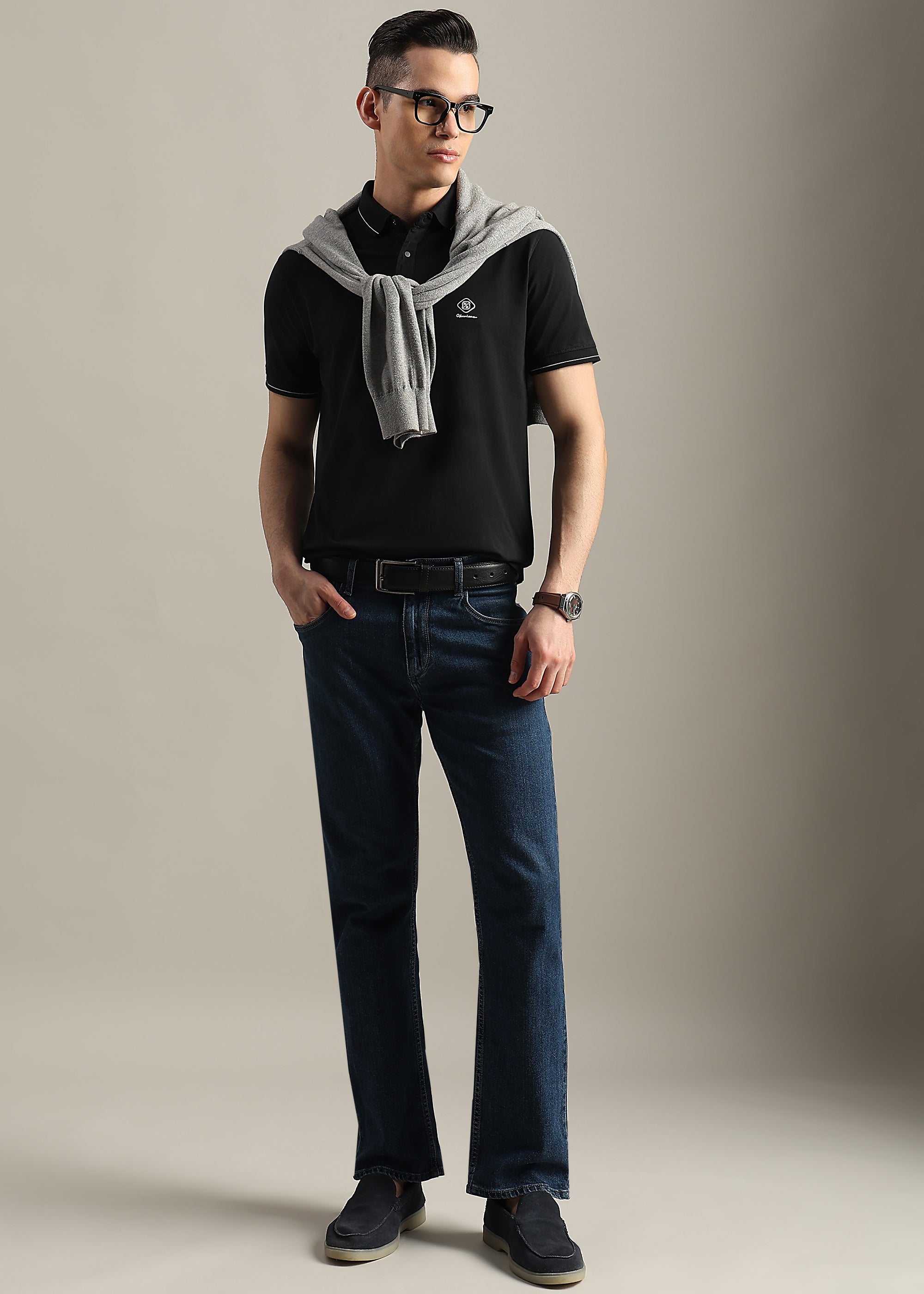 BLACK SOLID COTTON ELASTANE POLO TEE