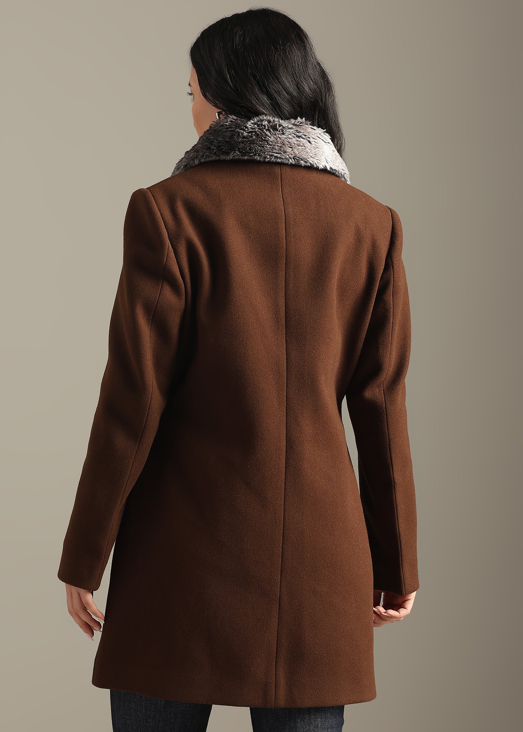 COFFEE DETACHABLE FUR COLLAR COAT