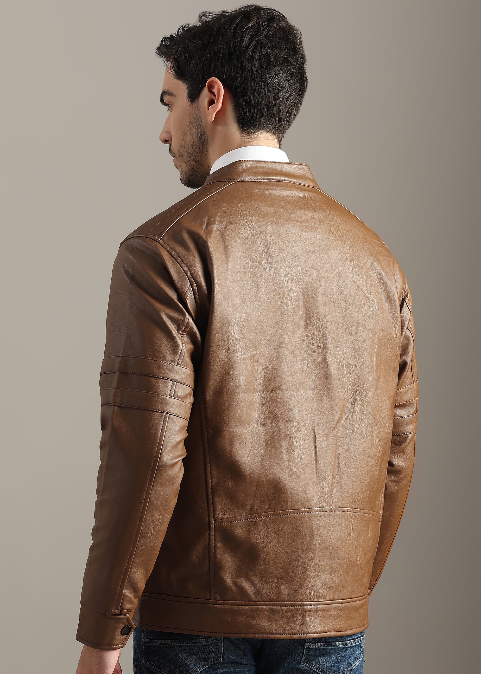 TAN FAUX LEATHER TRIM MANDARIN COLLAR  FULL SLEEVE TAILORED JACKET