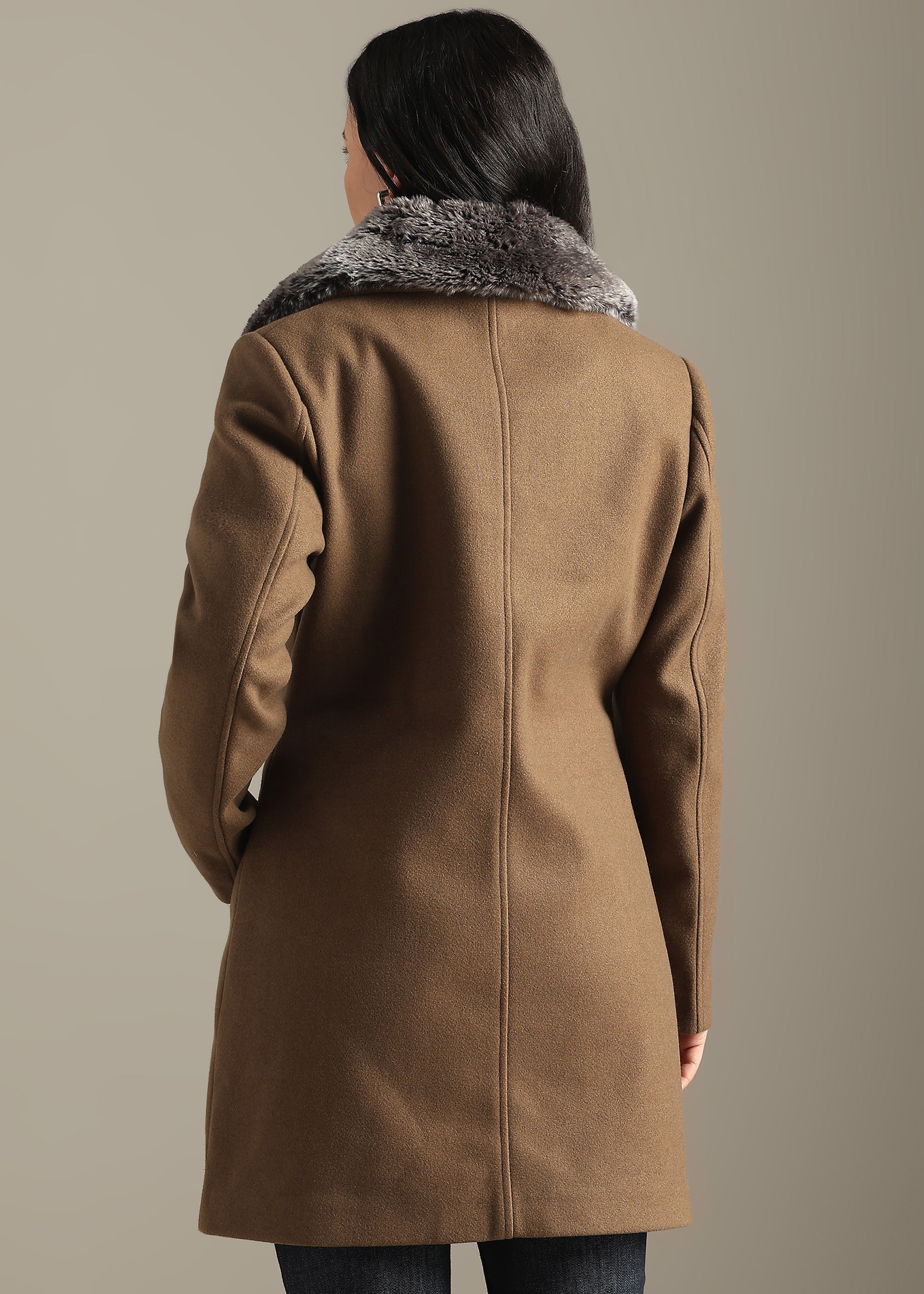 COFFEE SOLID TWEED DETACHABLE FUR COLLAR OVERCOAT