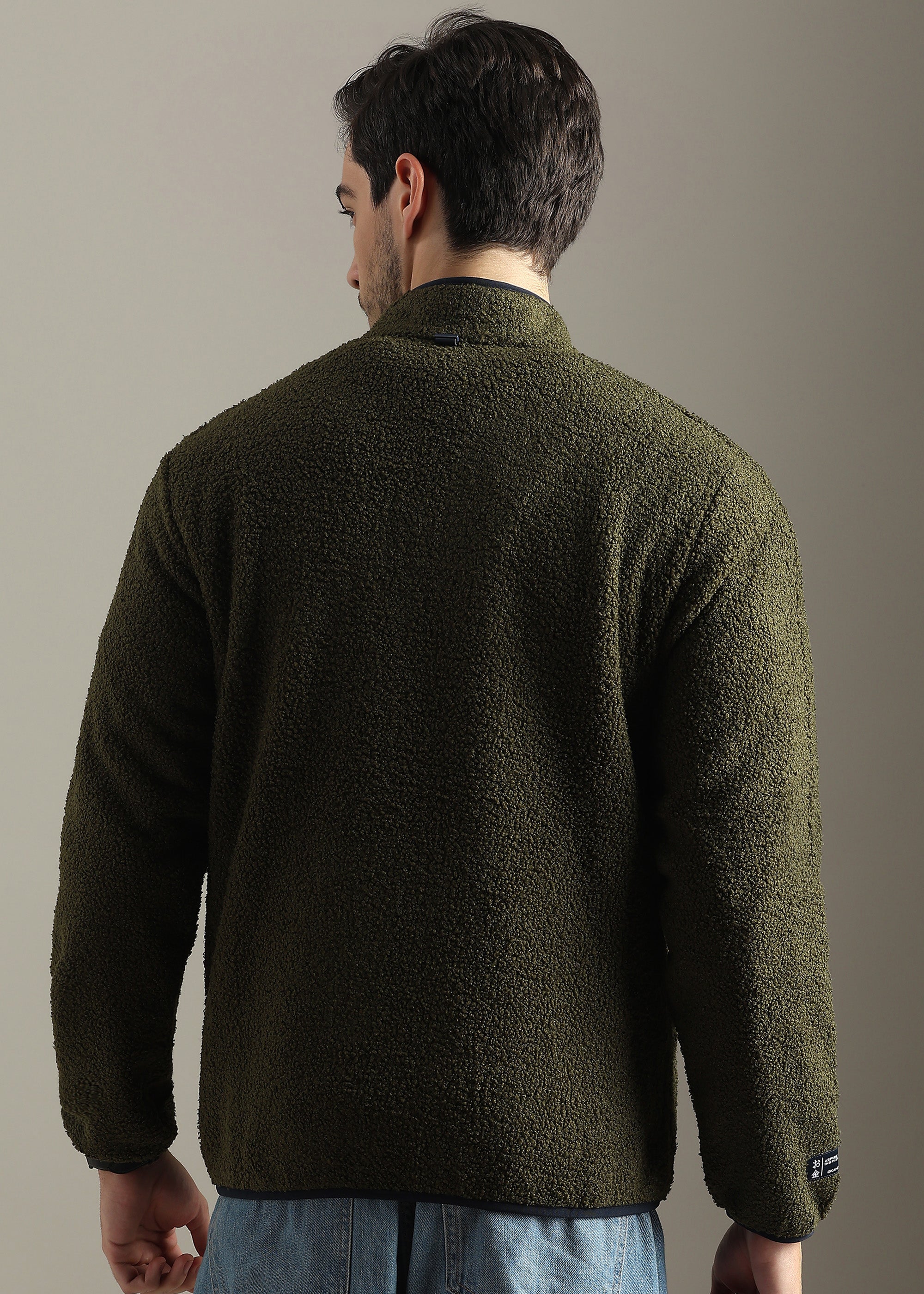 OLIVE SOLID FAUX FUR SHEARLING ZIPPER