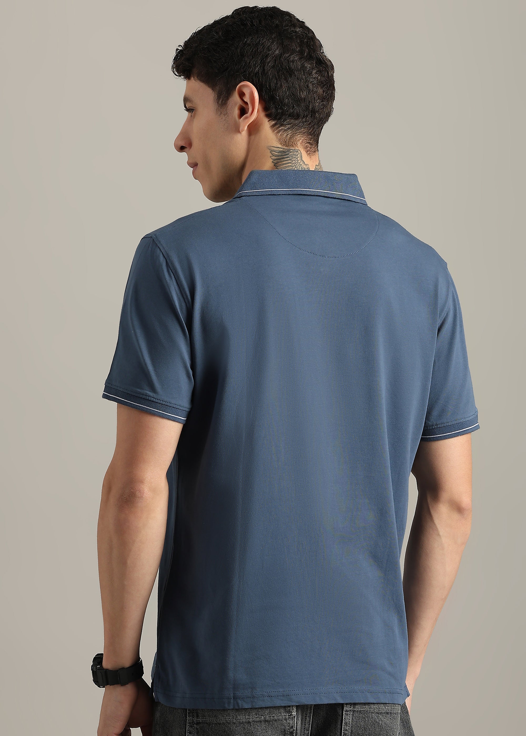 BLUE SOLID COTTON ELASTANE POLO TEE