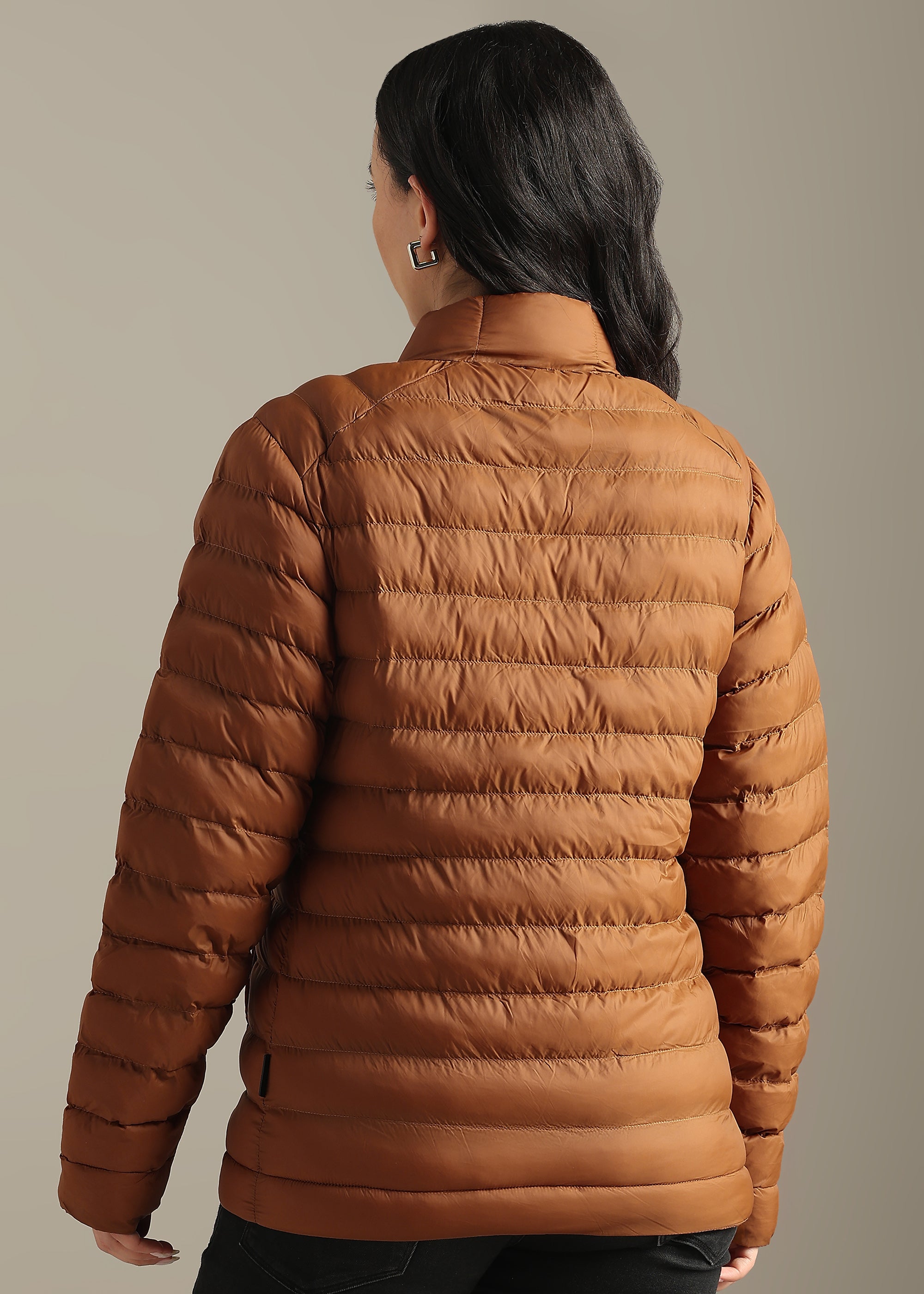 TAN SOLID POLYESTER PUFFER FULL SLEEVE JACKET