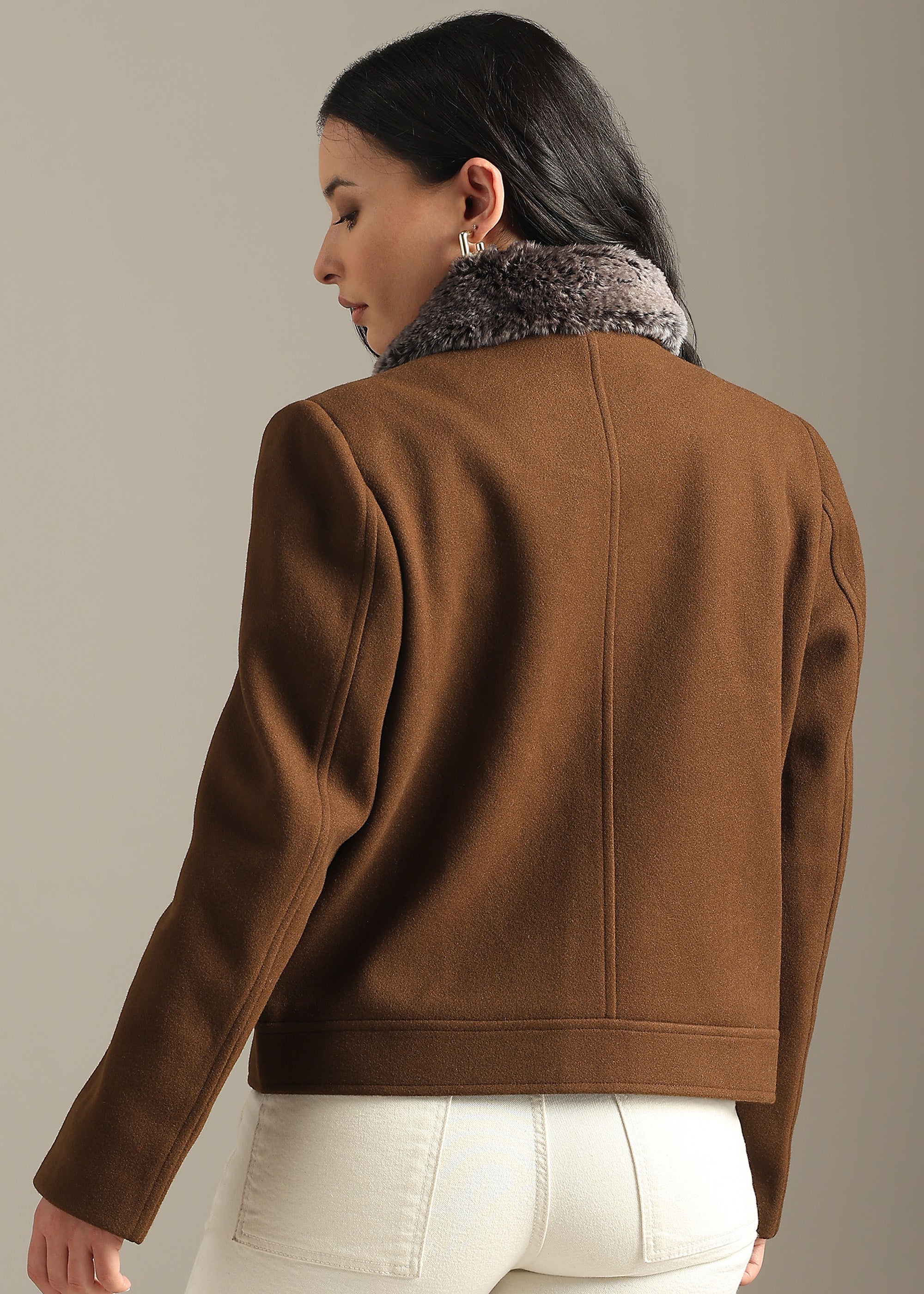 COFFEE DETACHABLE FUR BLOUSON COAT