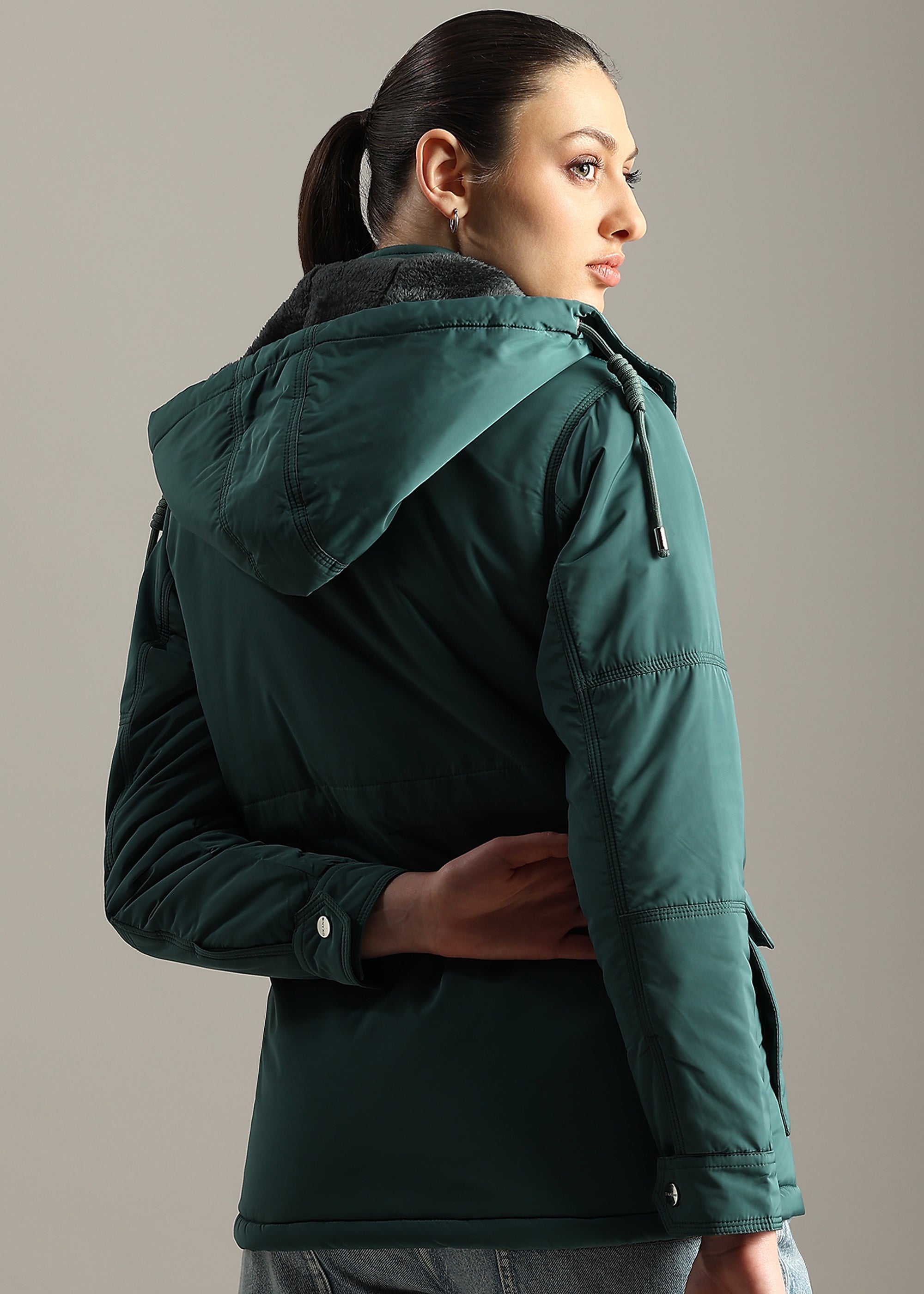 GREEN SOLID FUR PADDED PARKA FULL SLEEVE JACKET