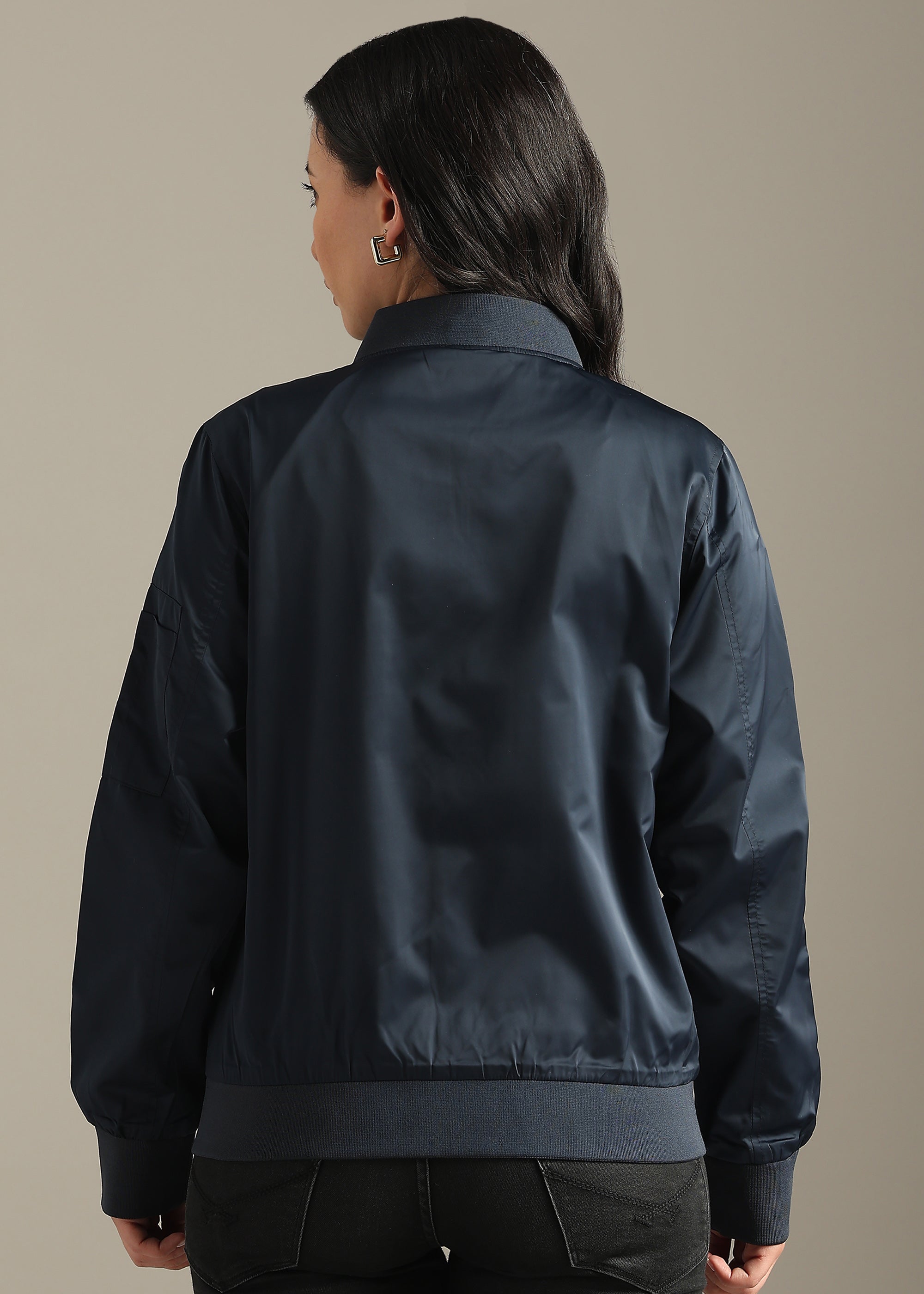 NAVY SATIN BOMBER FULL SLEEVE JACKET