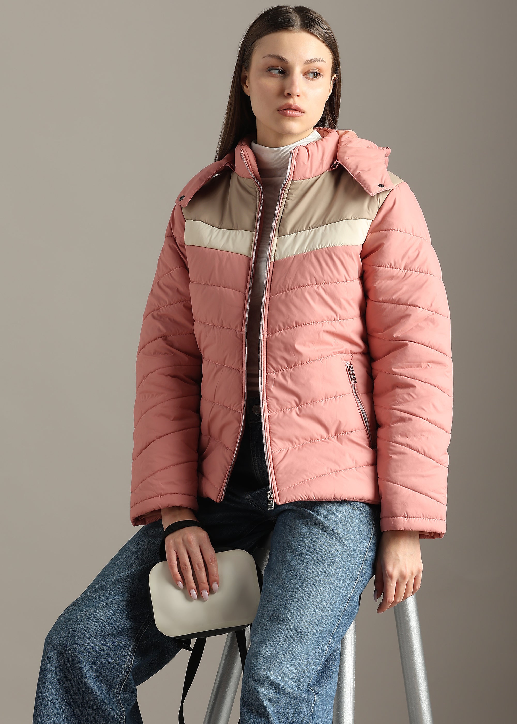 PINK COLOUR-BLOCK PUFFER FULL SLEEVE JACKET