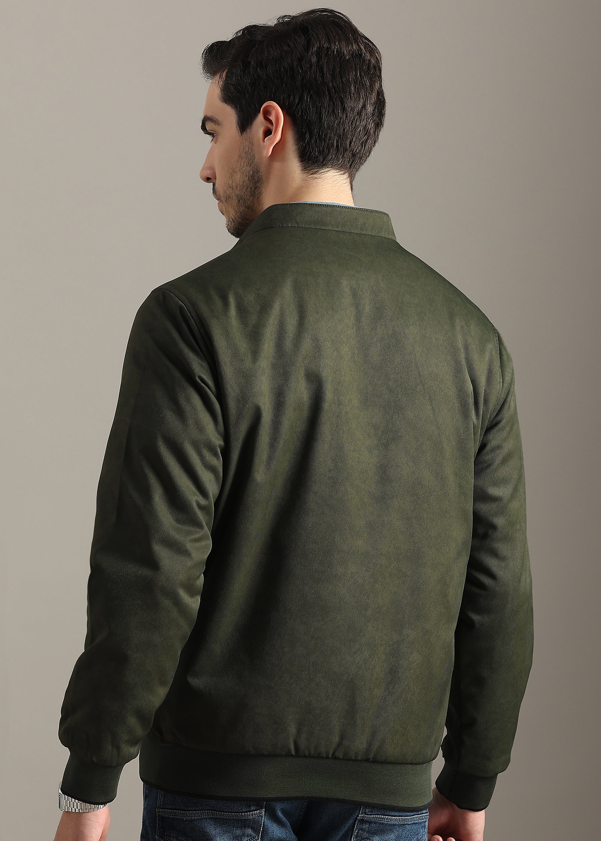 OLIVE SOLID  REVERSIBLE TEXTURED FULL SLEEVE JACKET