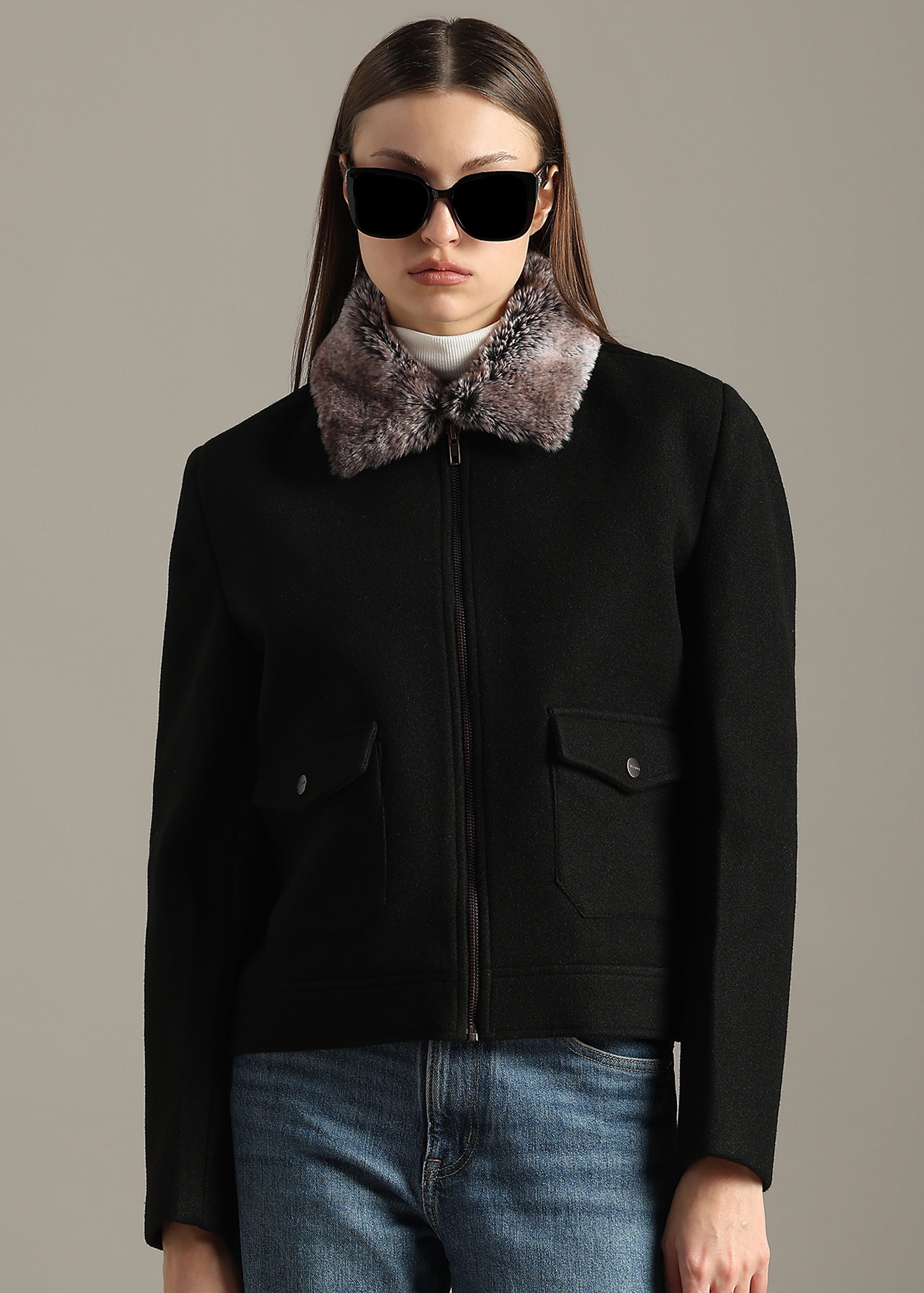 BLACK DETACHABLE FUR BLOUSON COAT