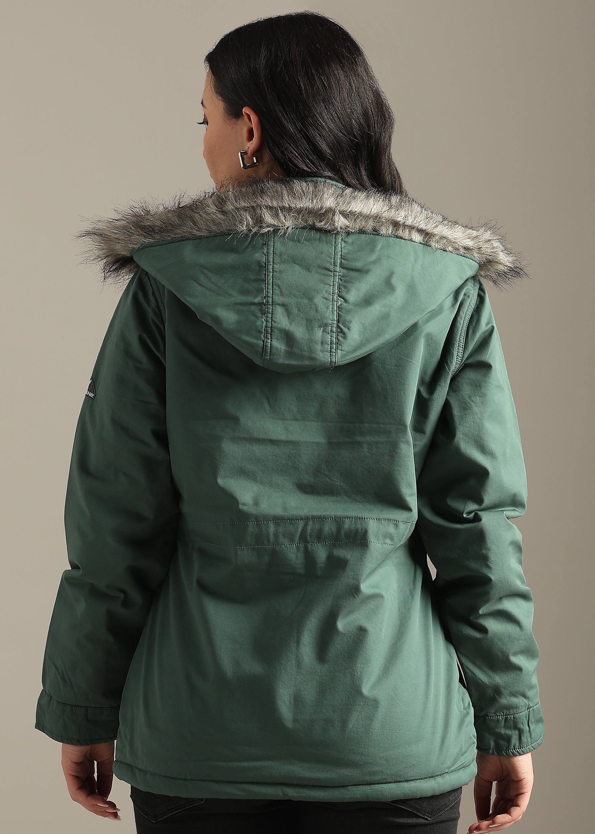 GREEN SOLID COTTON UTILITY FUR BACK FULL SLEEVE JACKET
