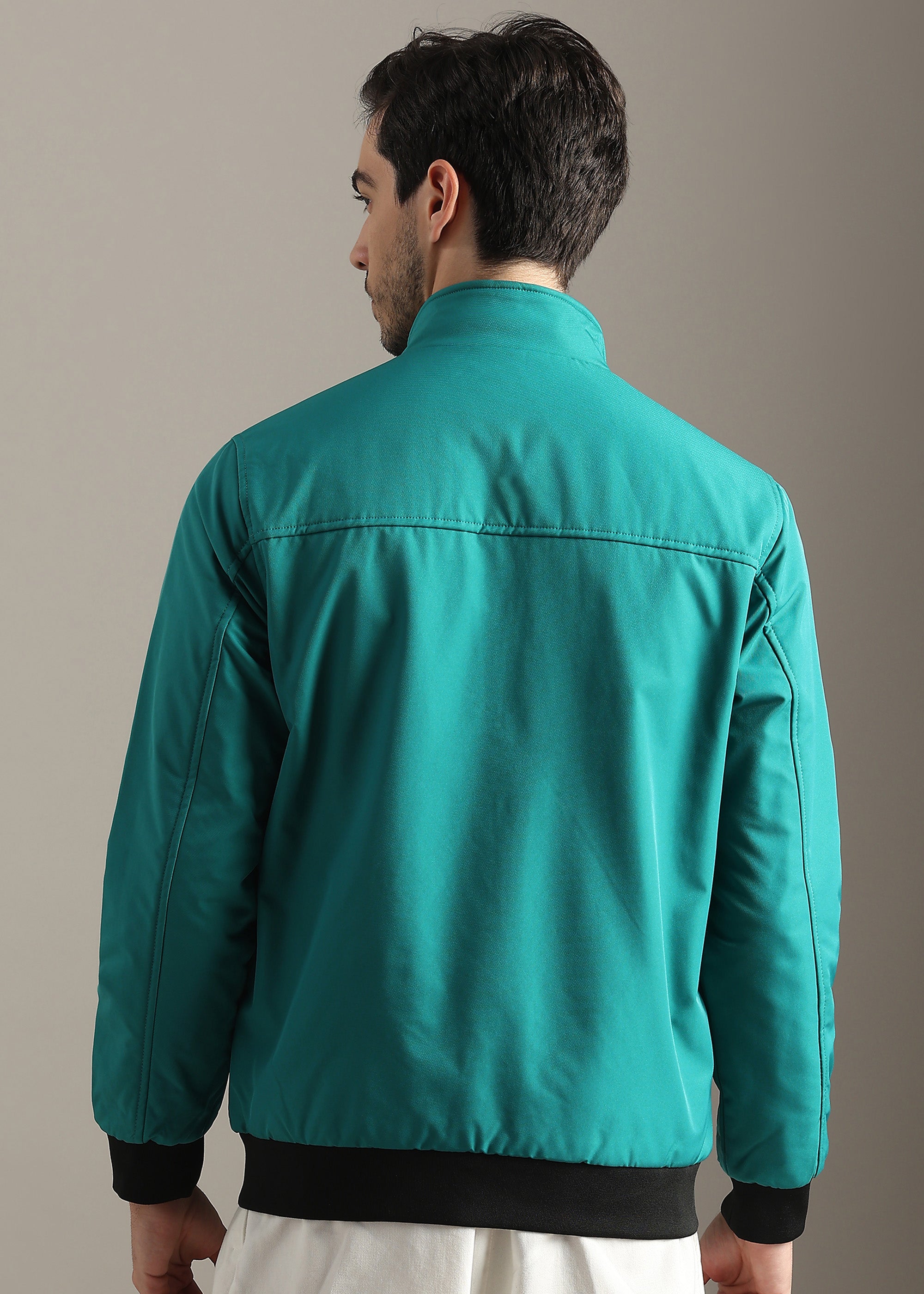 GREEN SOLID REVERSIBLE FAUX COTTON FULL SLEEVE JACKET