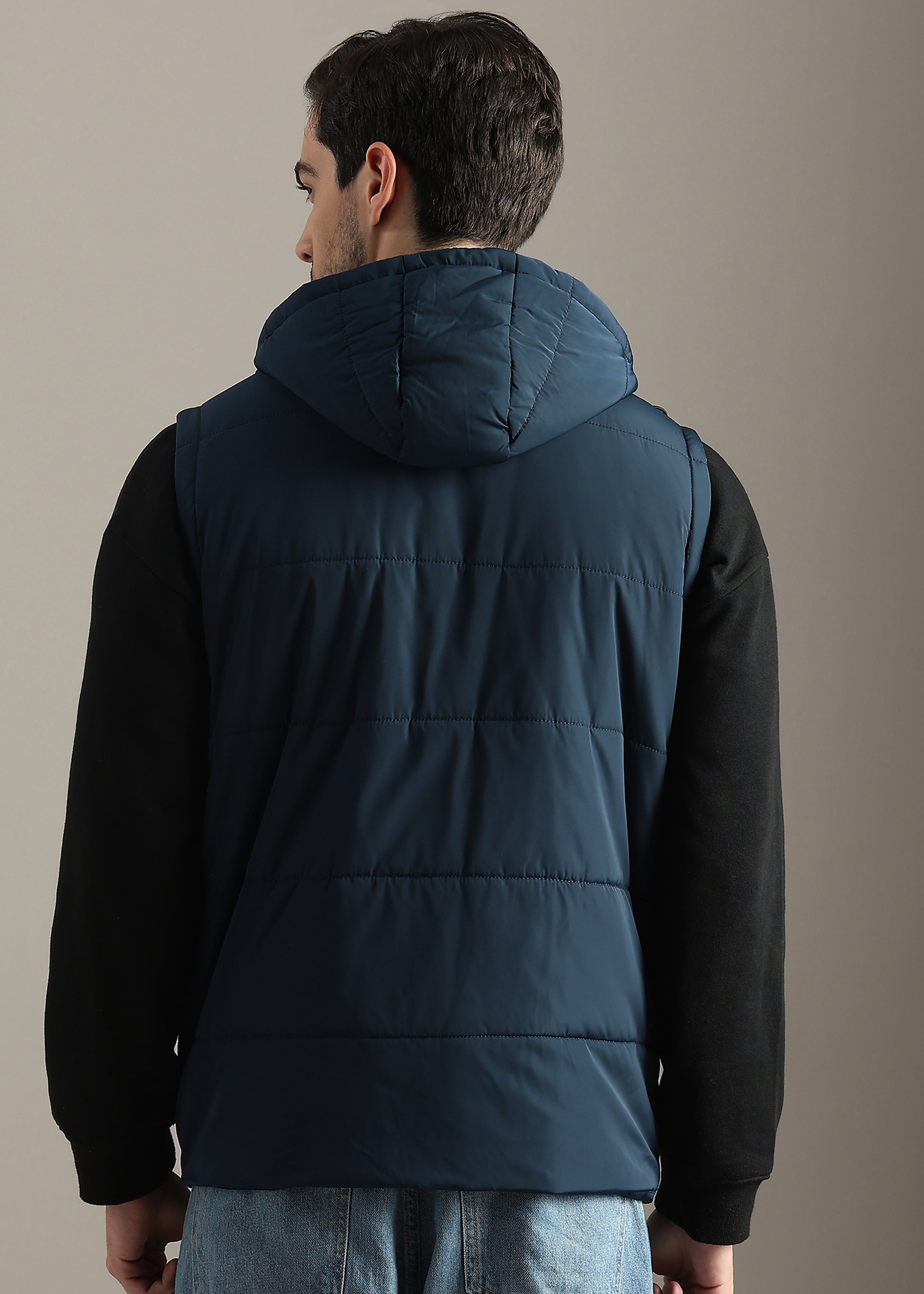 NAVY SOLID NYLON MULTI POCKET SLEEVELESS CARGO JACKET