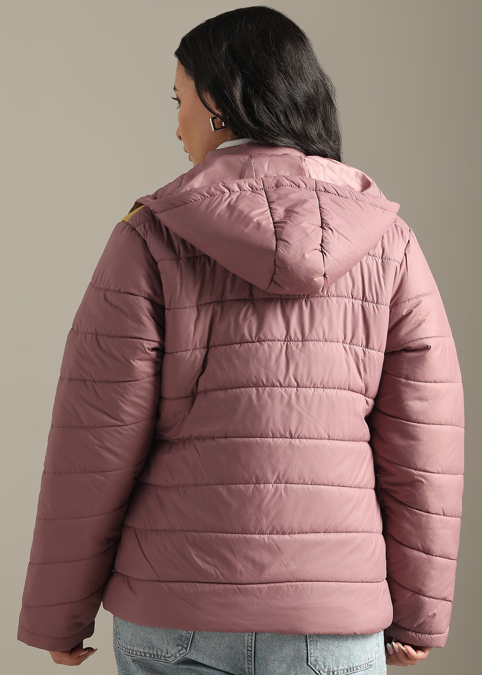 PINK NYLON COLOUR-BLOCK PUFFER FULL SLEEVE JACKET