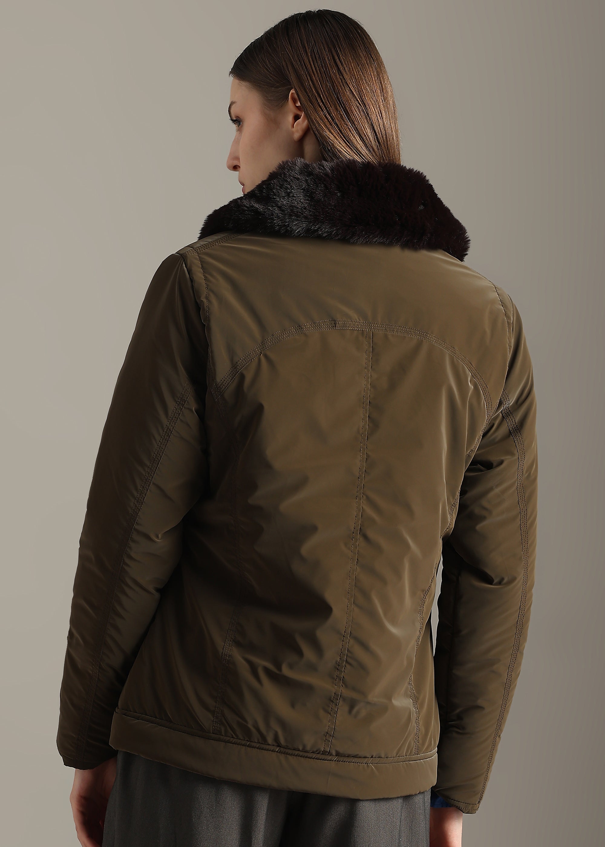 COFFEE SOFT SKIN FUR COLLAR FULL SLEEVE JACKET