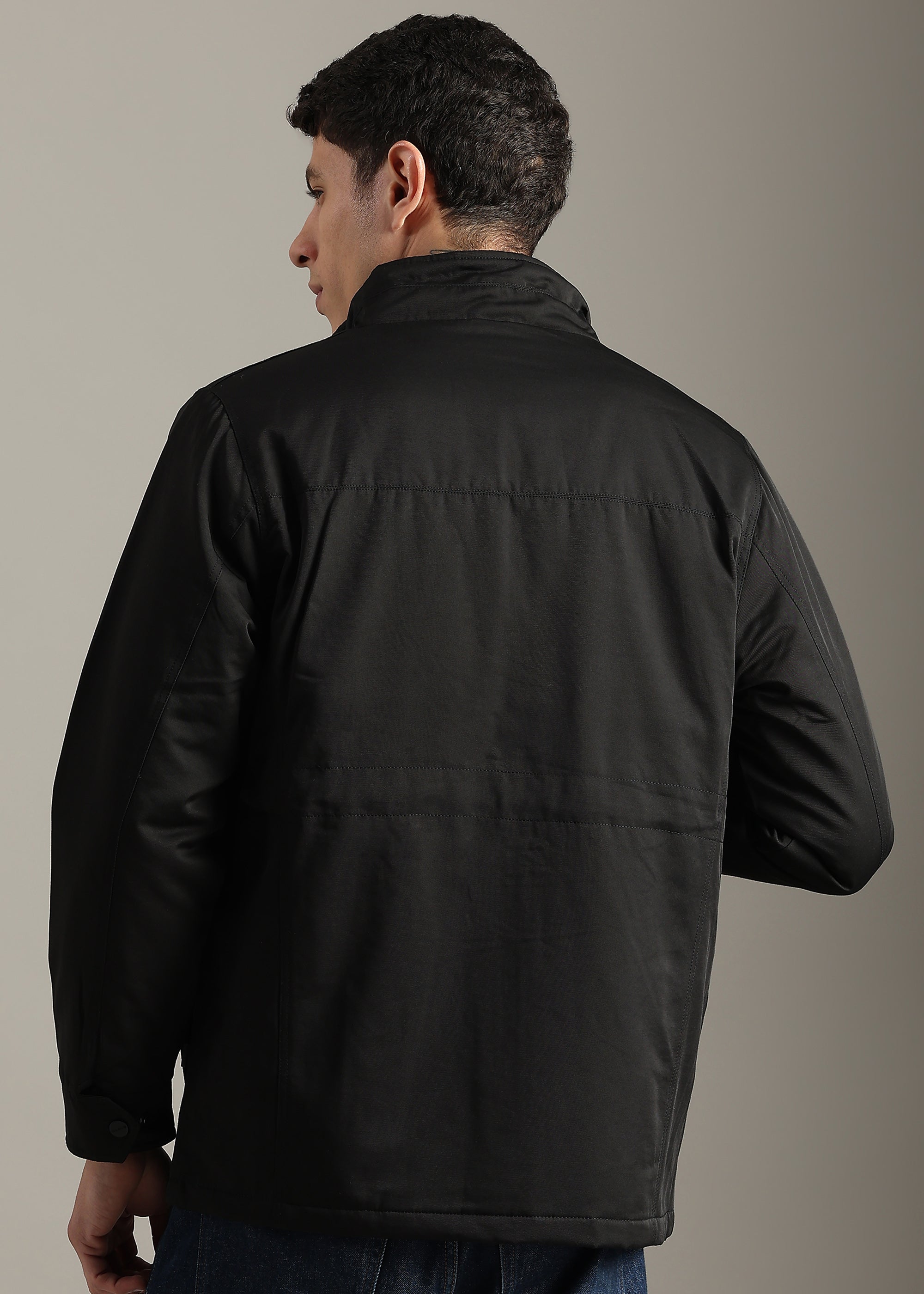 BLACK SOLID FUR COTTON CARGO FULL SLEEVE JACKET