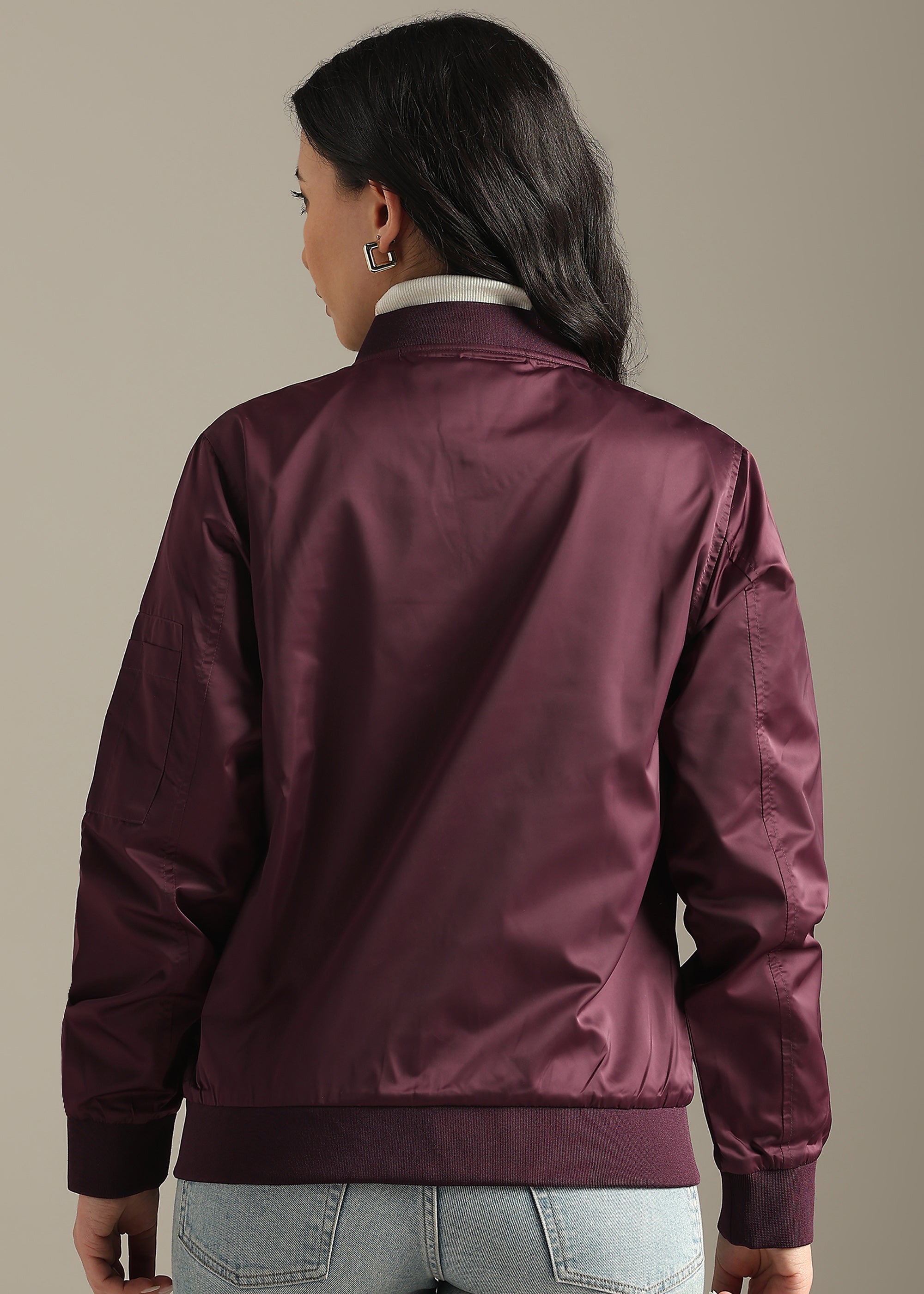 WINE SATIN BOMBER FULL SLEEVE JACKET