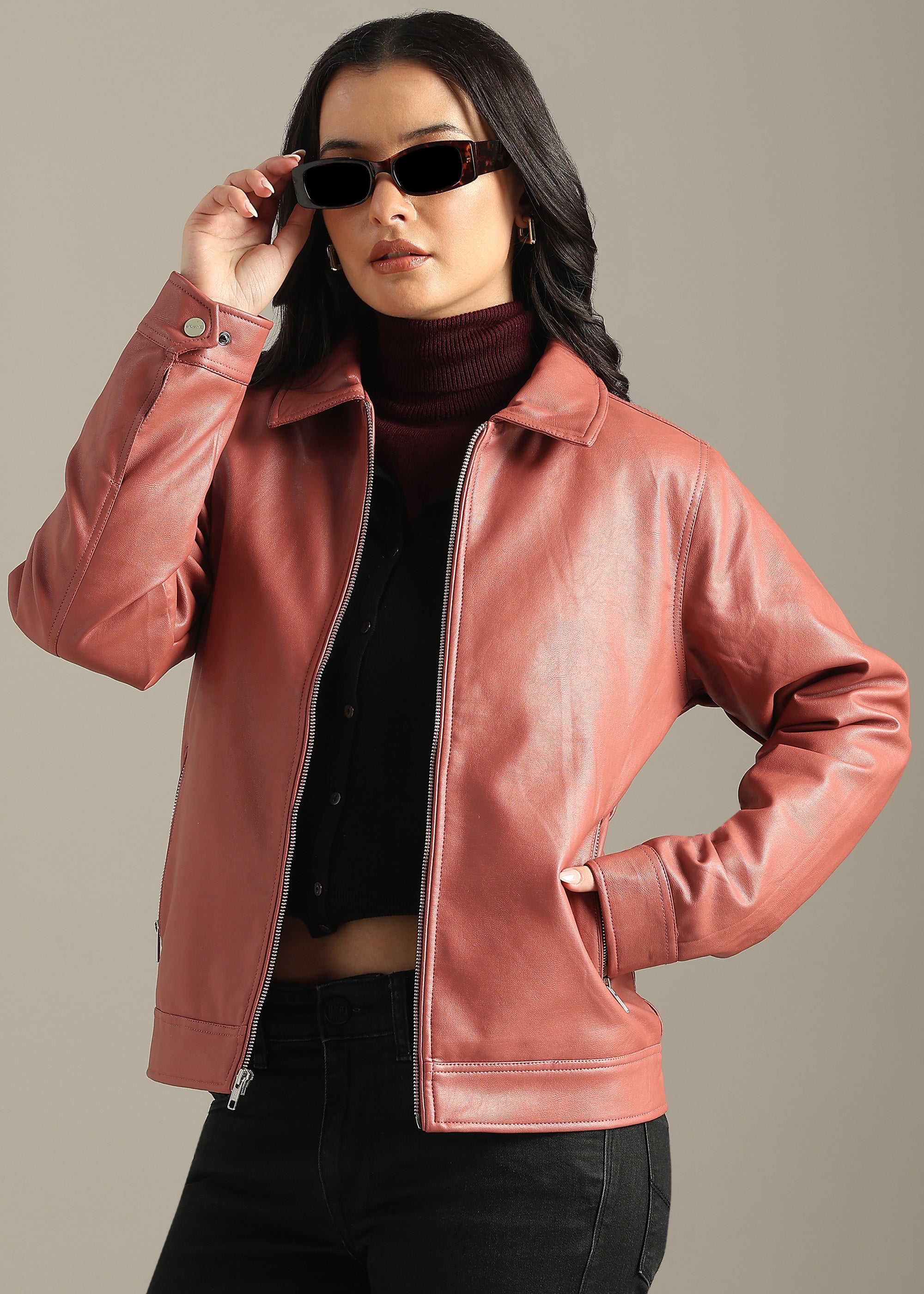 PINK SOLID PU LEATHER FULL SLEEVE JACKET