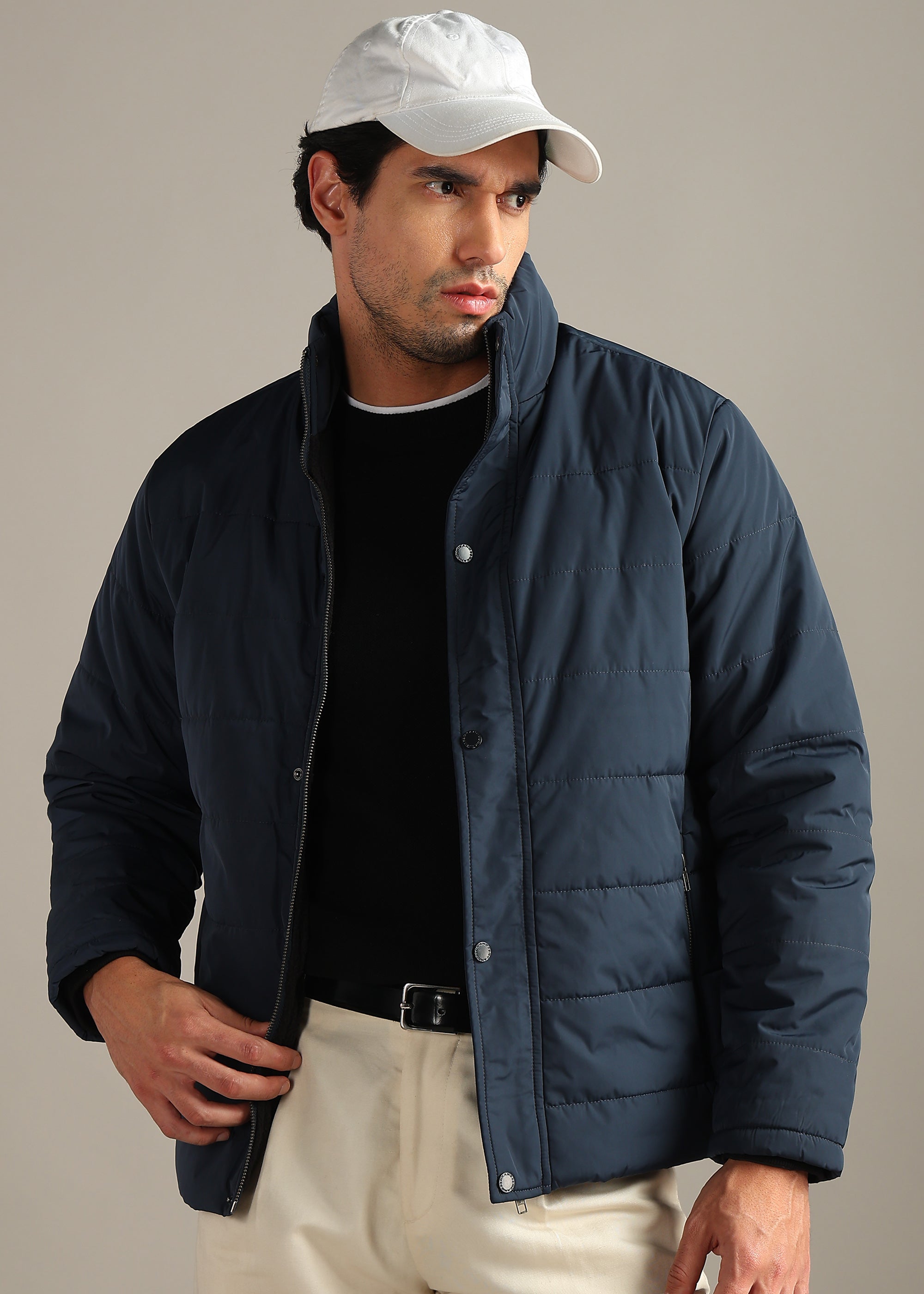 NAVY FUR PADDED HOODIE FULL SLEEVE JACKET