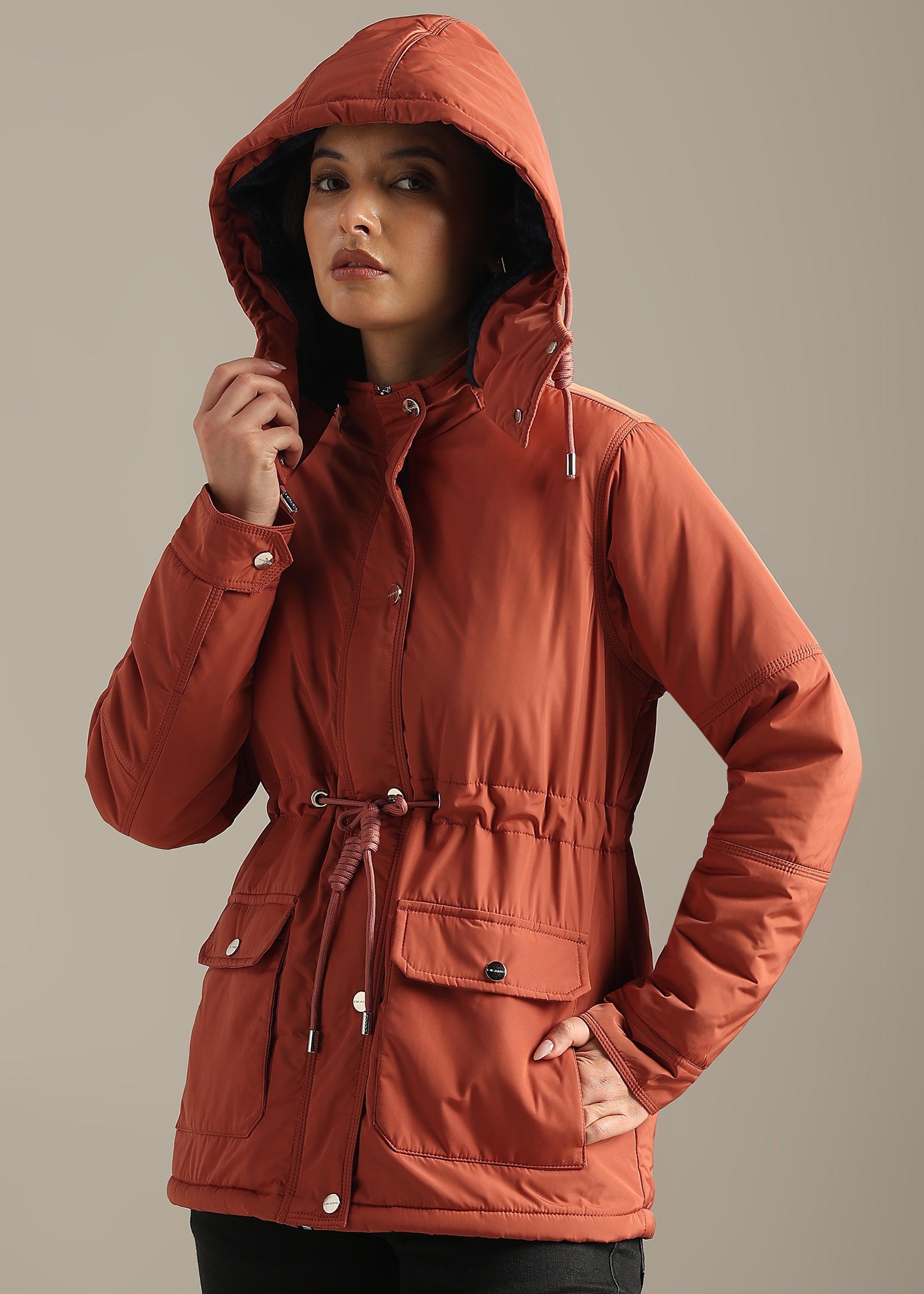 PEACH SOLID FUR PADDED PARKA FULL SLEEVE JACKET