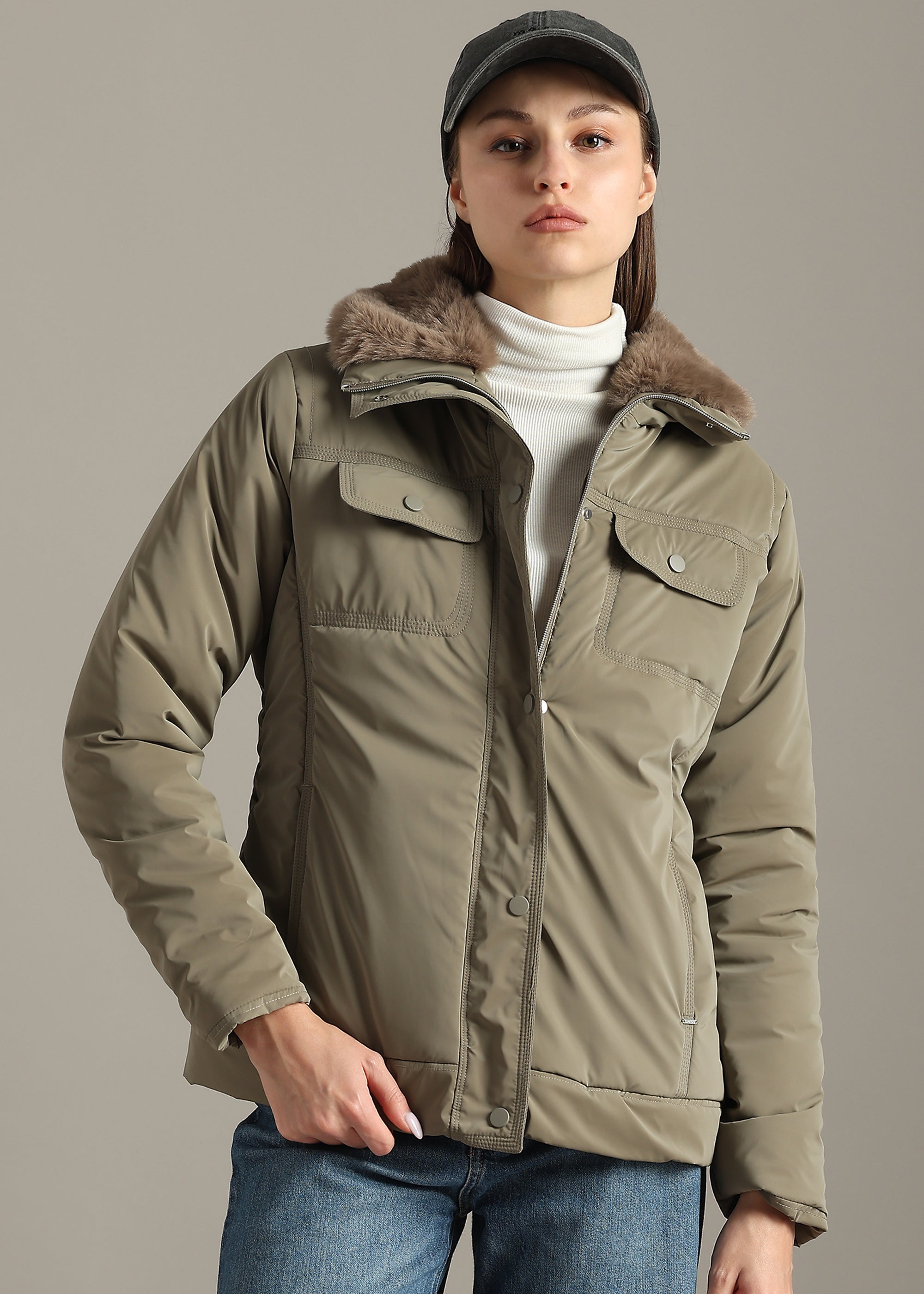 SILVER MINK SOFT SKIN FUR COLLAR FULL SLEEVE JACKET