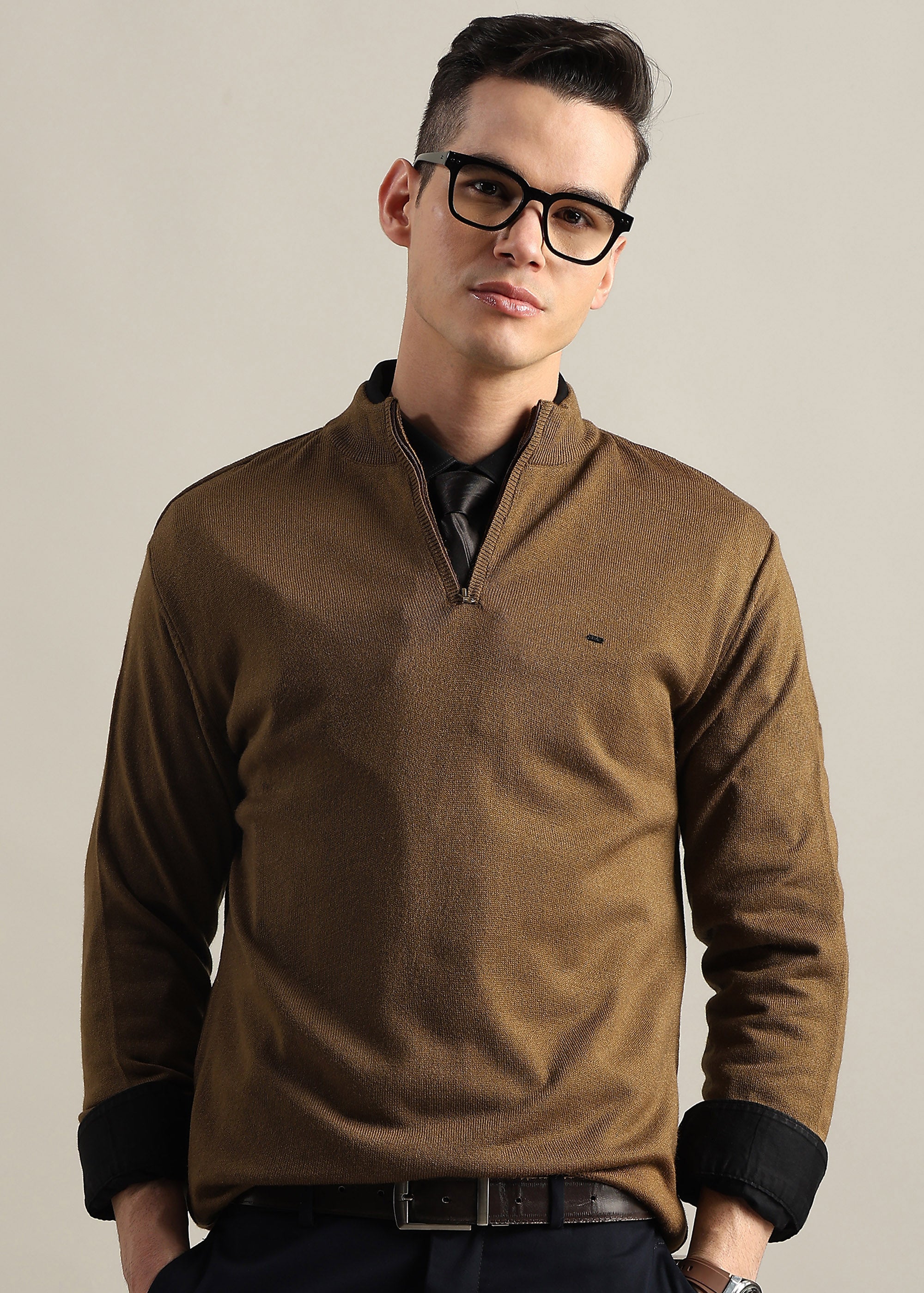 TAN SOLID ACRYLIC TURTLE NECK SWEATER