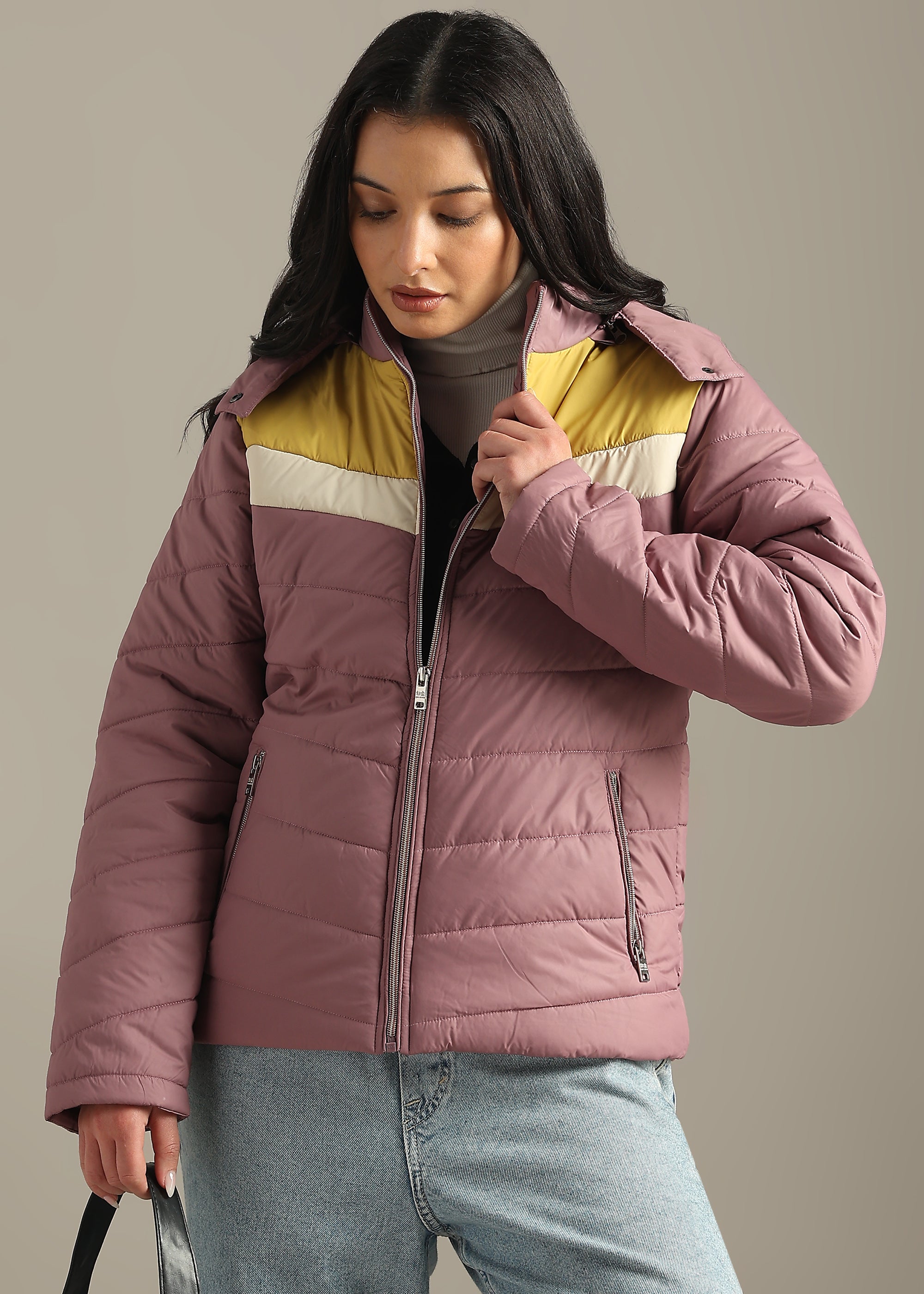 PINK NYLON COLOUR-BLOCK PUFFER FULL SLEEVE JACKET