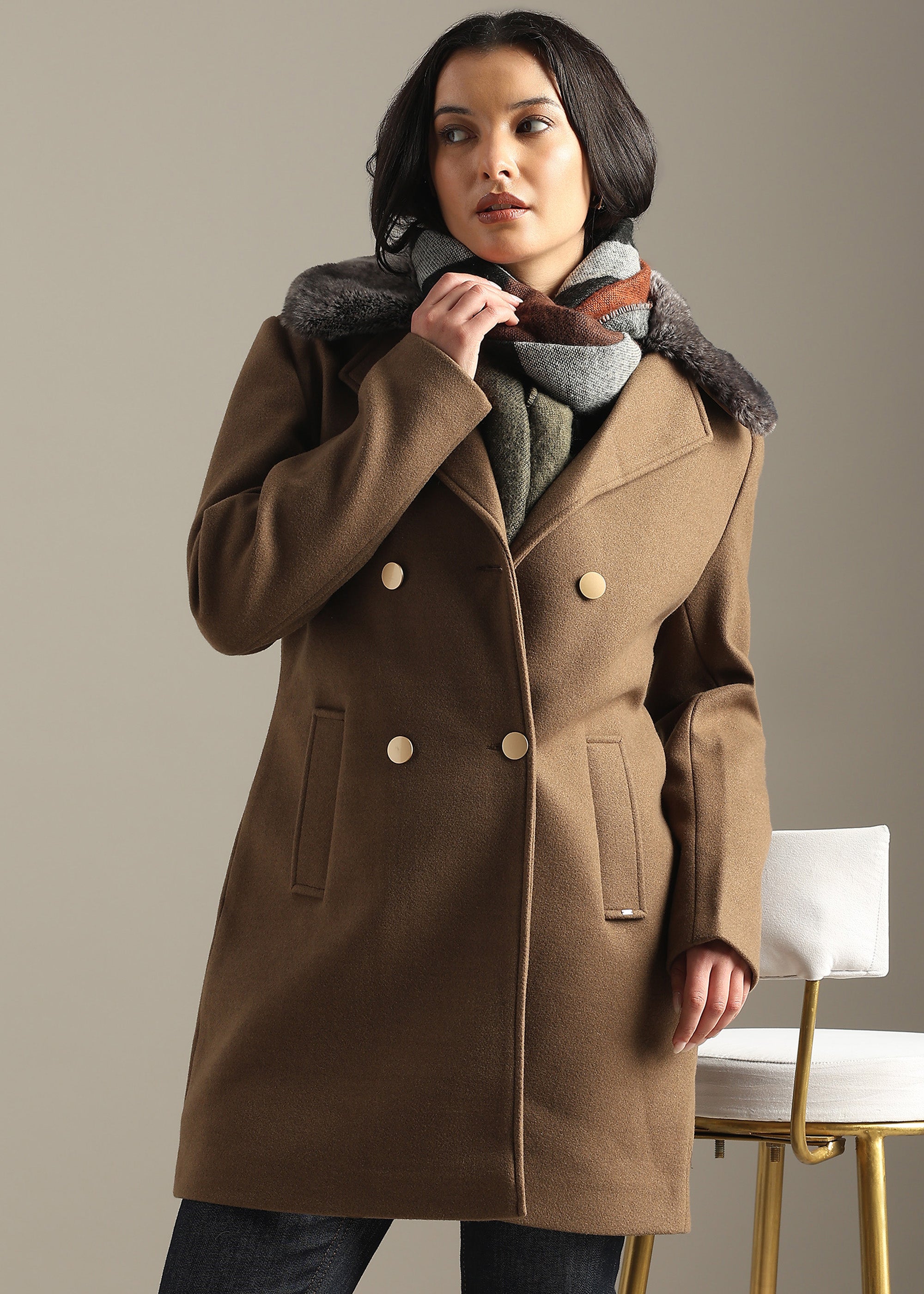 COFFEE SOLID TWEED DETACHABLE FUR COLLAR OVERCOAT
