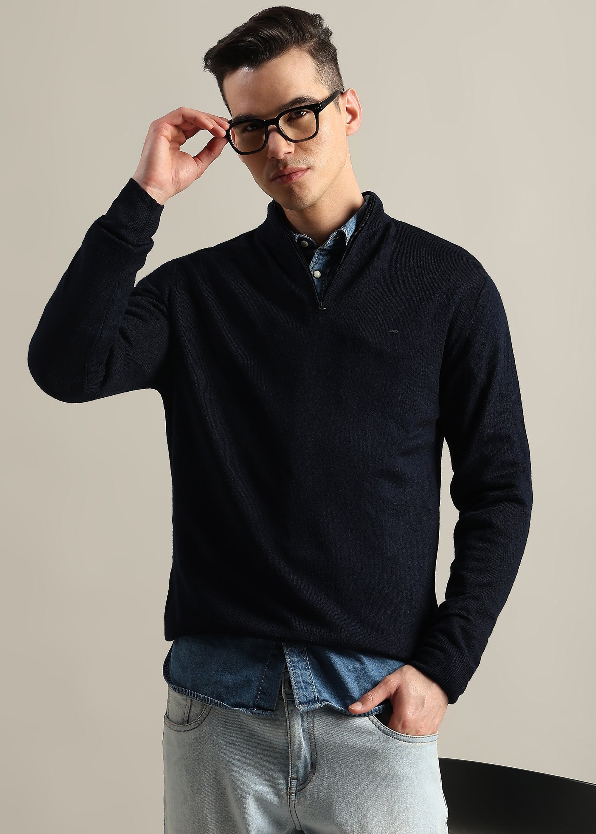 NAVY SOLID ACRYLIC TURTLE NECK SWEATER