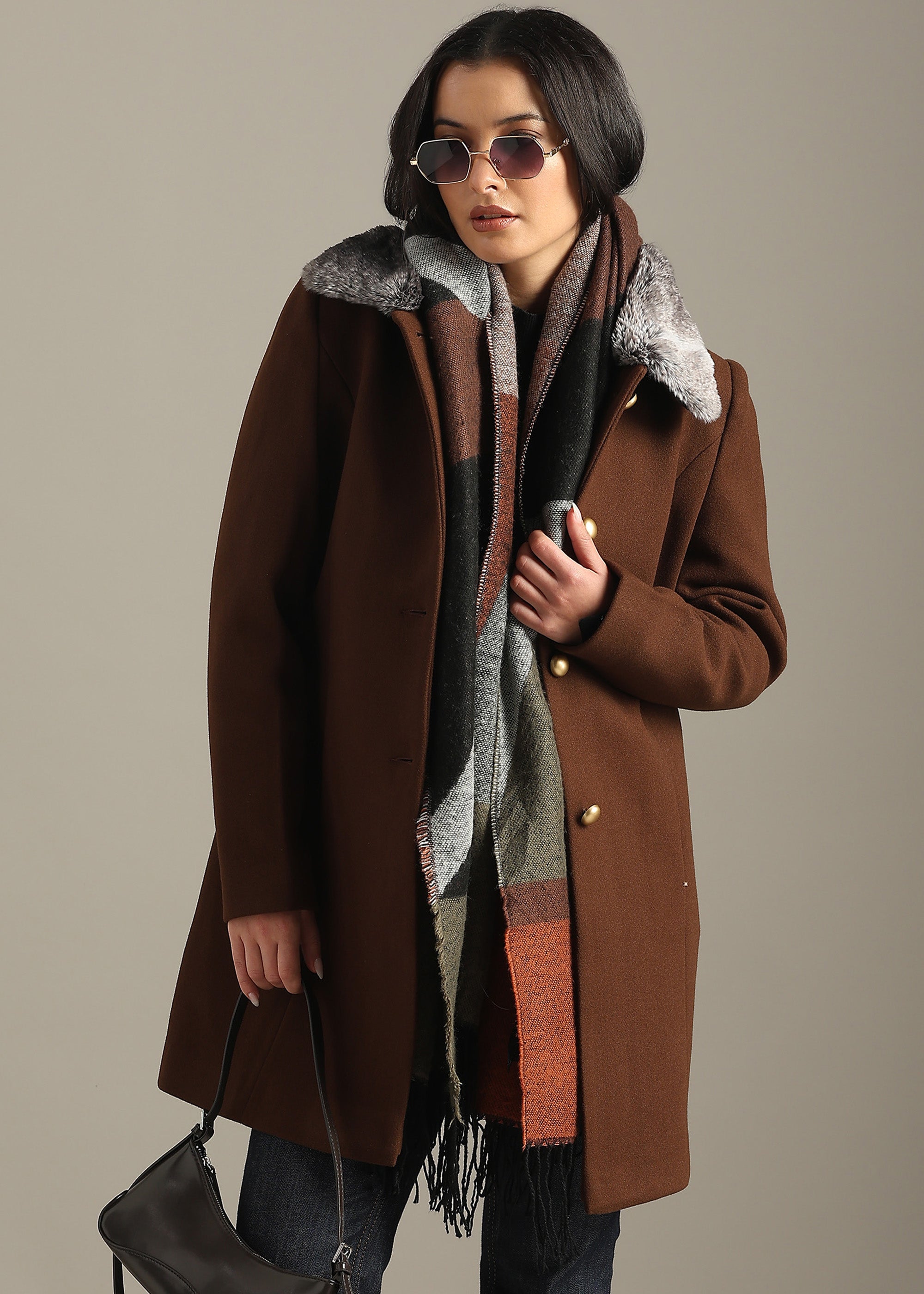 COFFEE DETACHABLE FUR COLLAR COAT