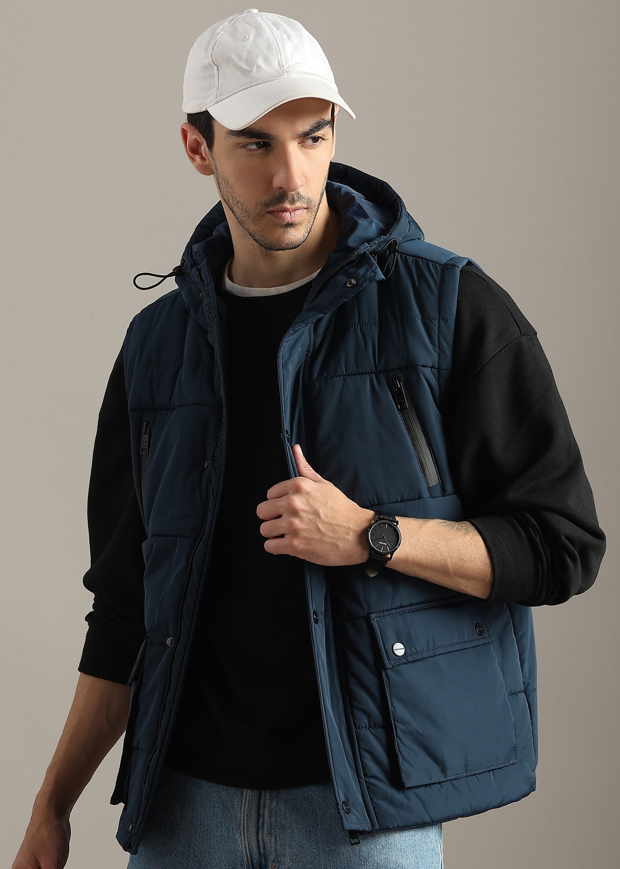 NAVY SOLID NYLON MULTI POCKET SLEEVELESS CARGO JACKET
