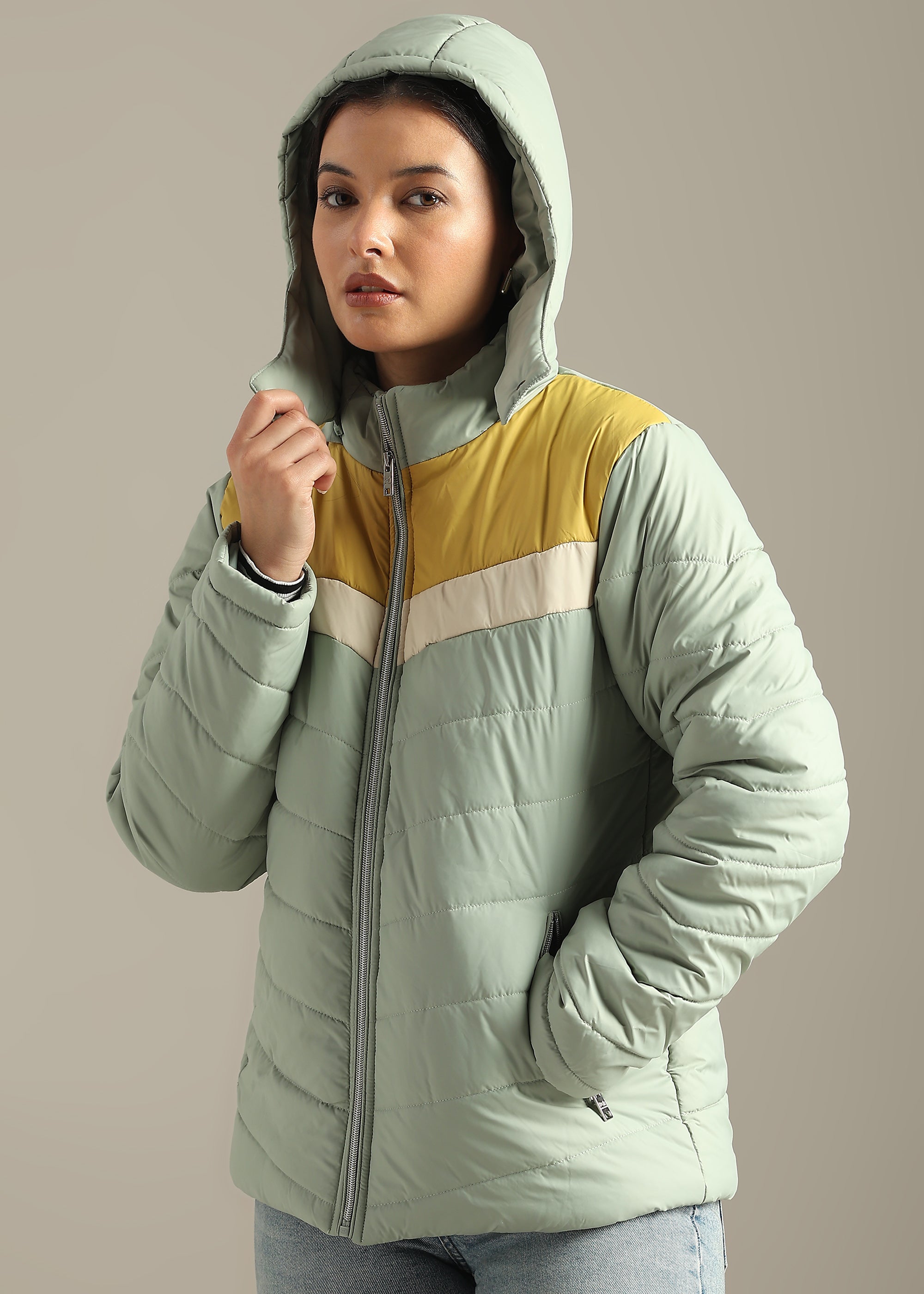 TEAL COLOUR-BLOCK PUFFER FULL SLEEVE JACKET