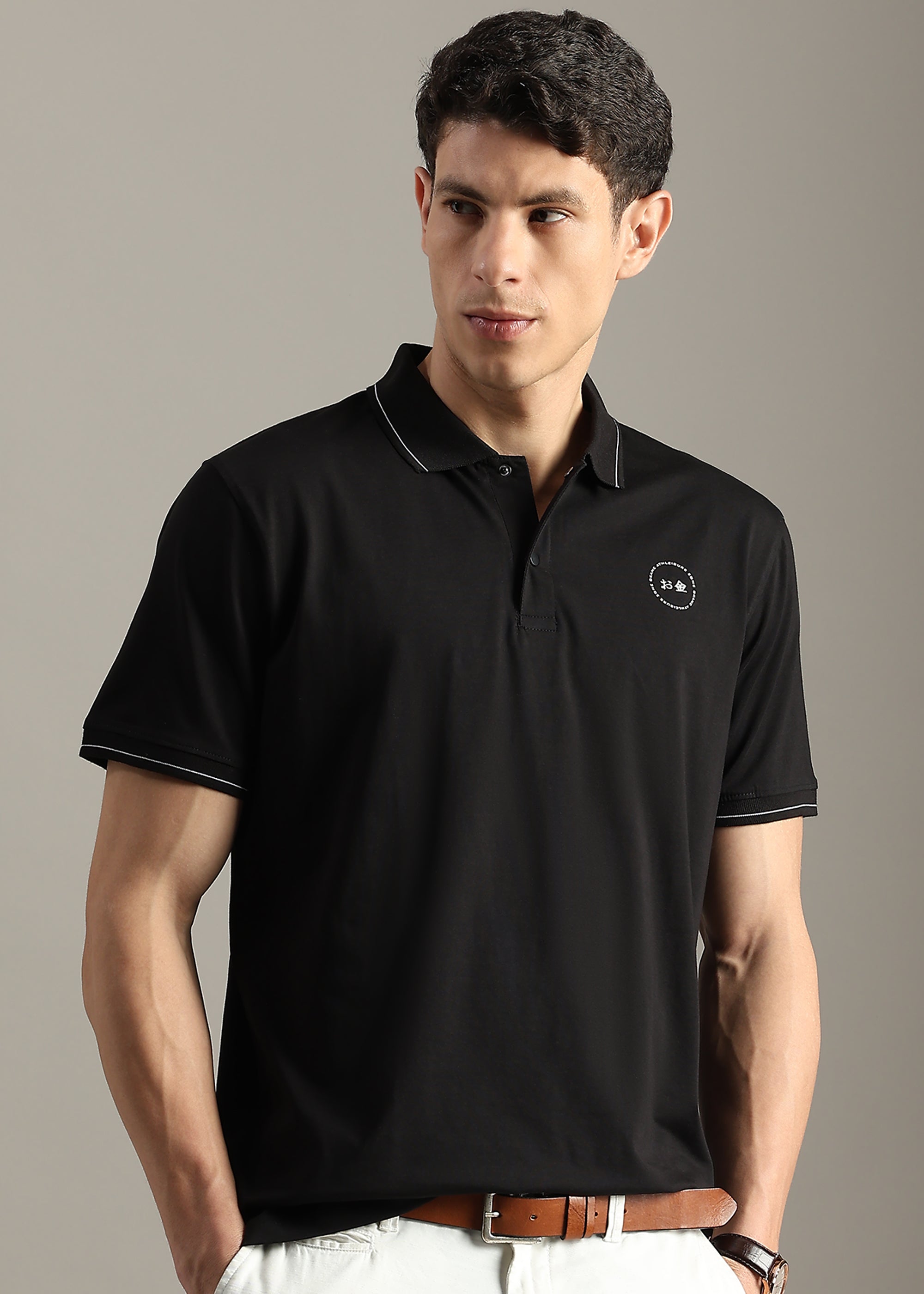 BLACK SOLID COTTON ELASTANE POLO TEE