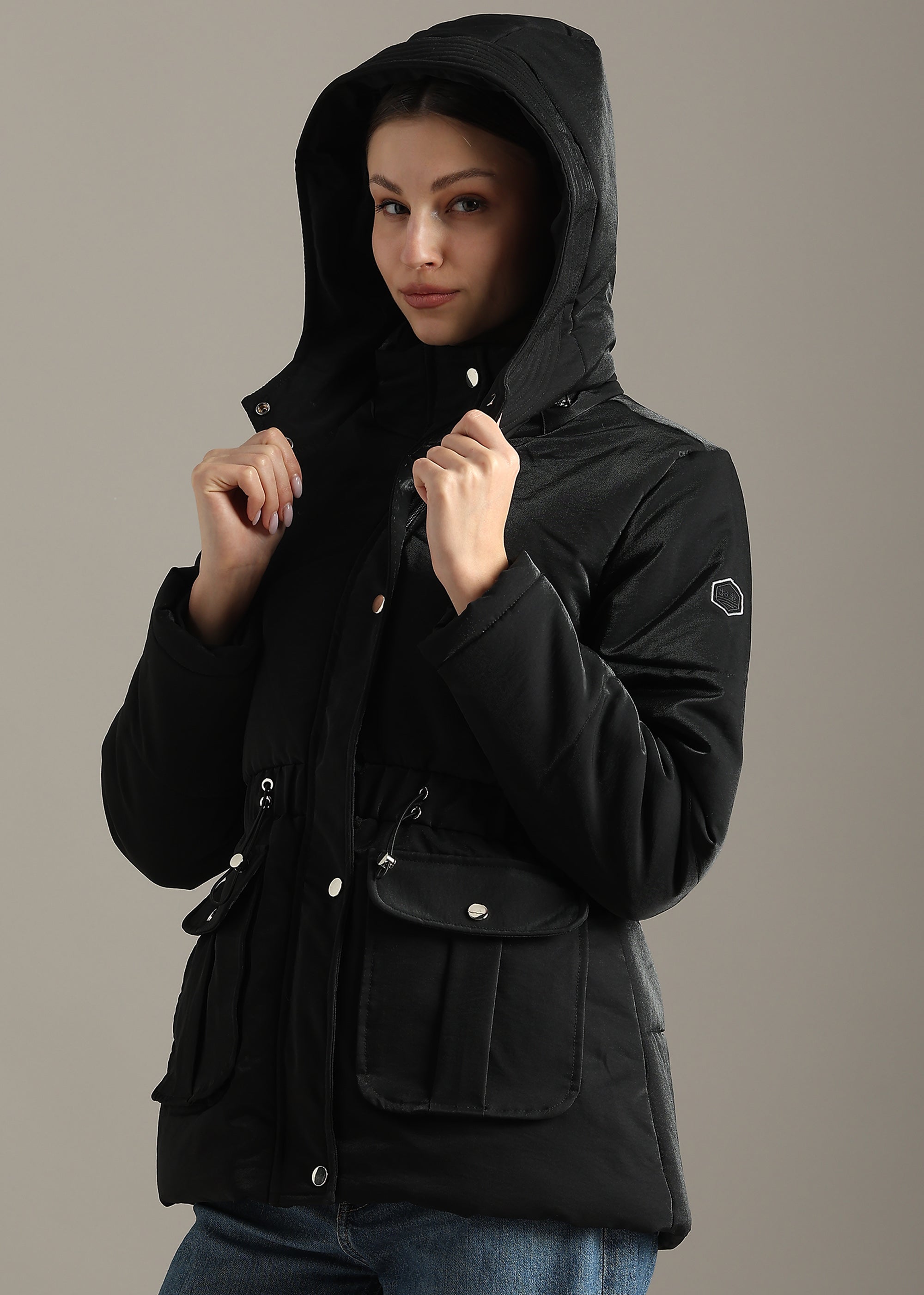 BLACK SOLID PREMIUM SATIN CROPPED FULL SLEEVE JACKET