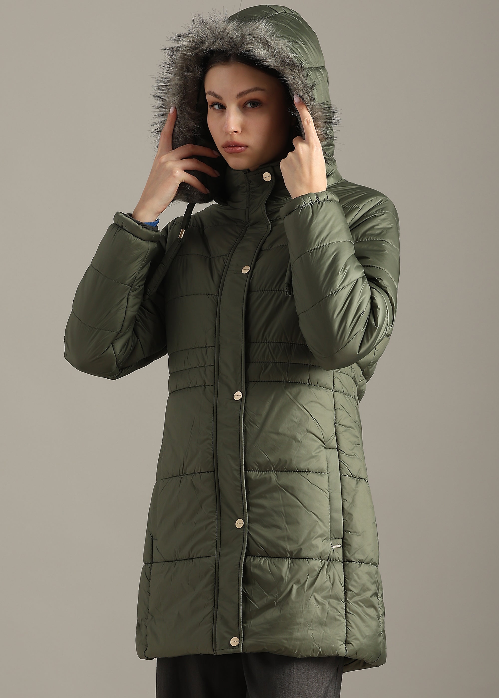 OLIVE SOLID NYLON LONG SKI FULL SLEEVE JACKET
