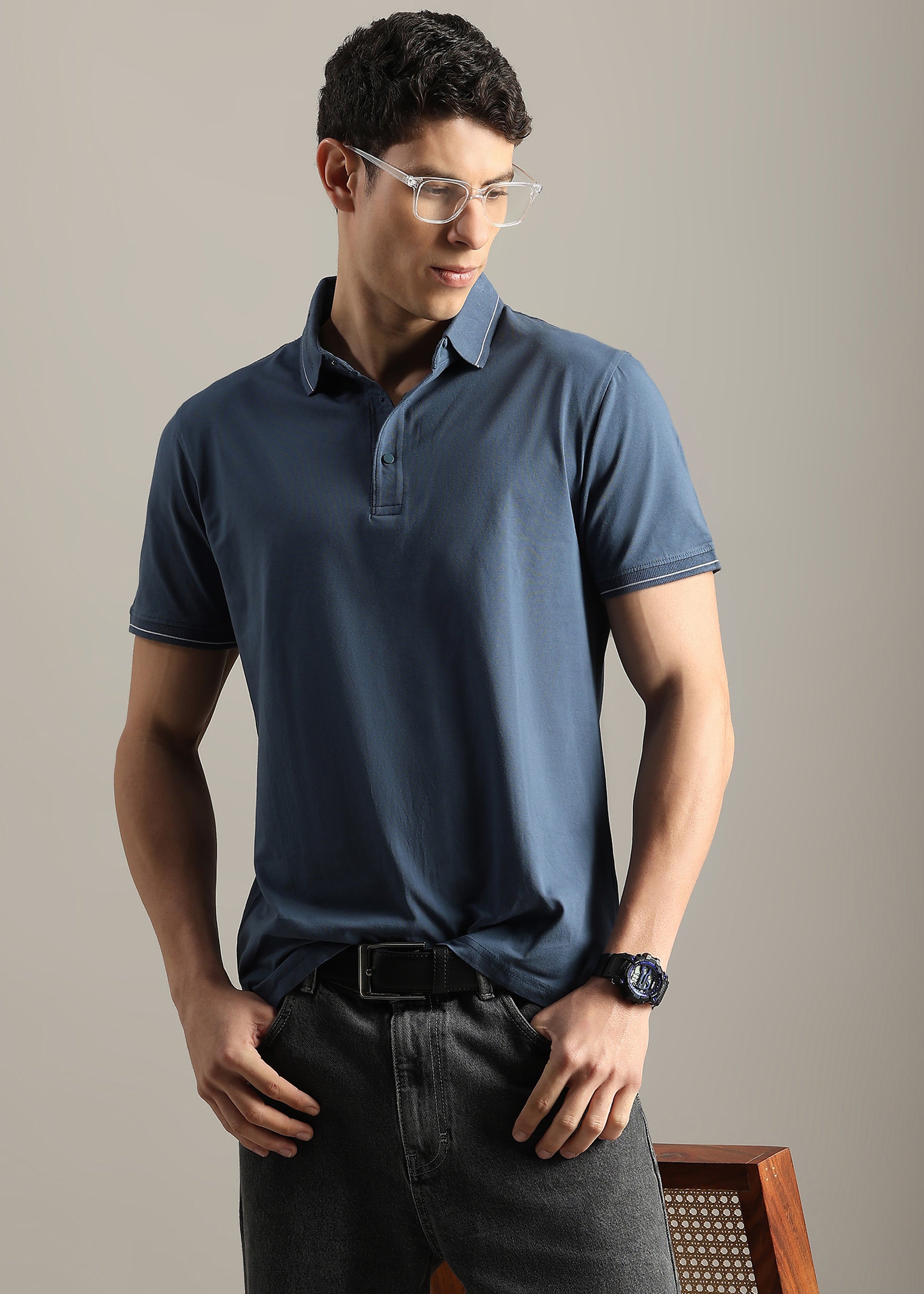 BLUE SOLID COTTON ELASTANE POLO TEE