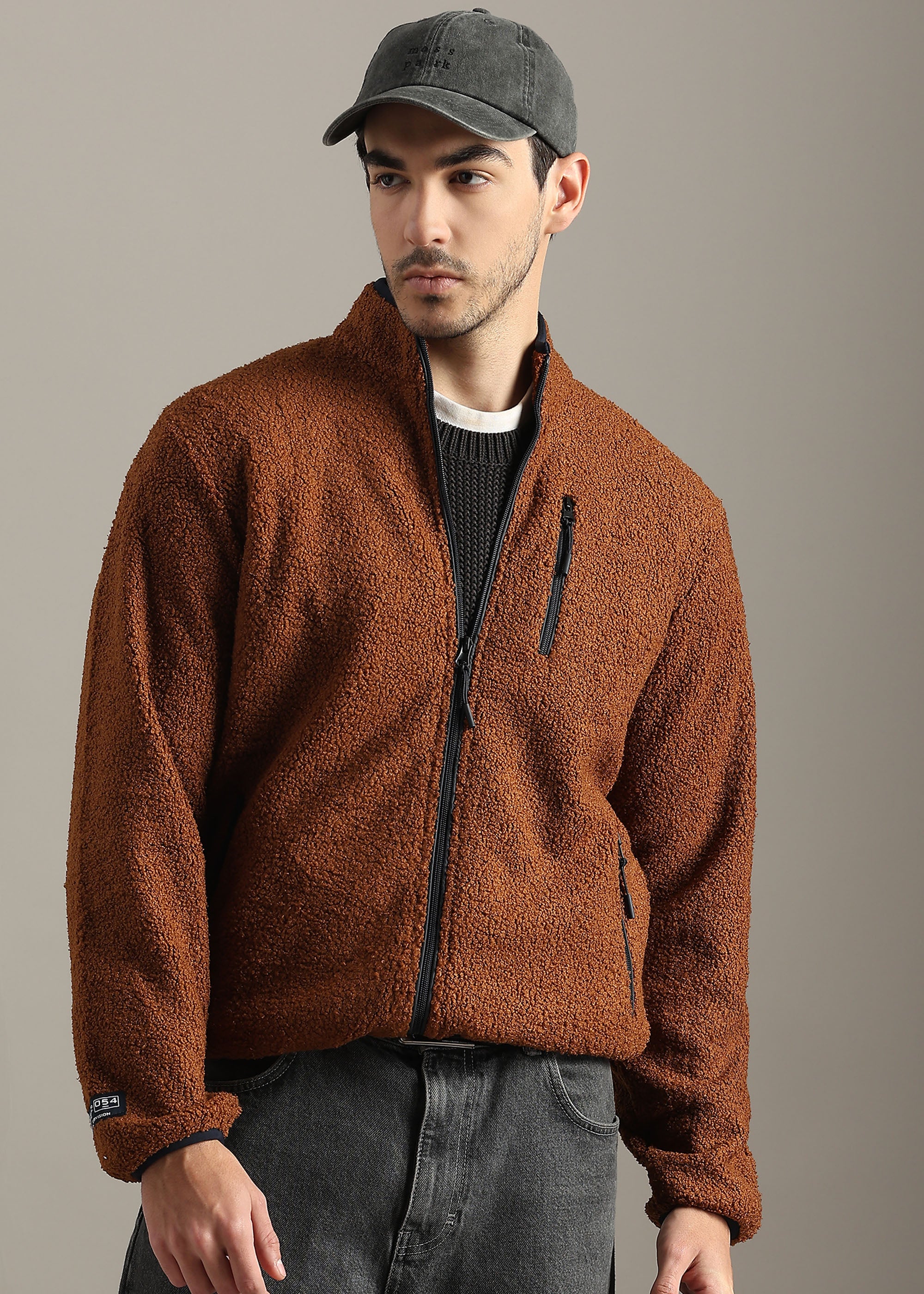 TAN SOLID FAUX FUR SHEARLING ZIPPER