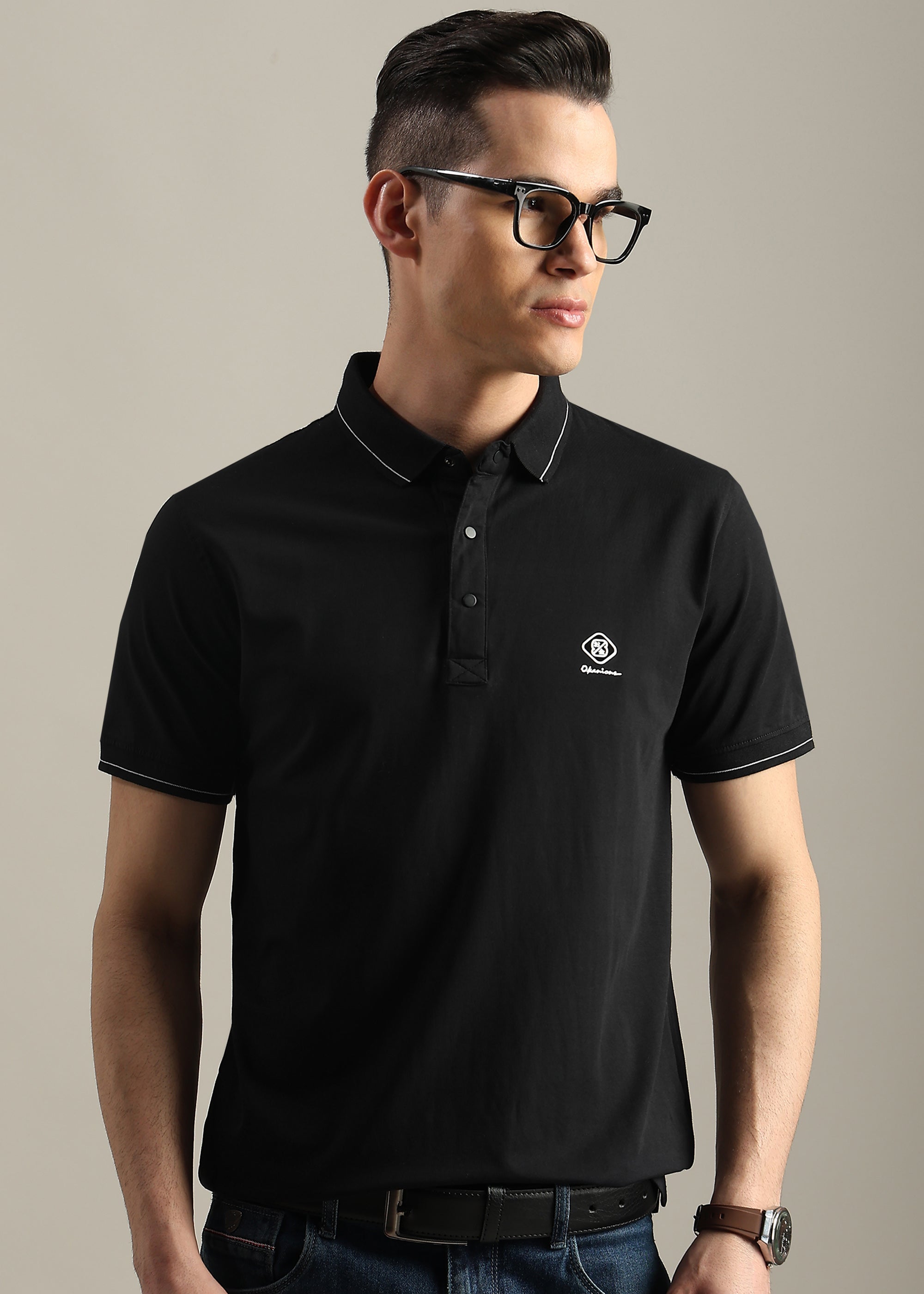 BLACK SOLID COTTON ELASTANE POLO TEE