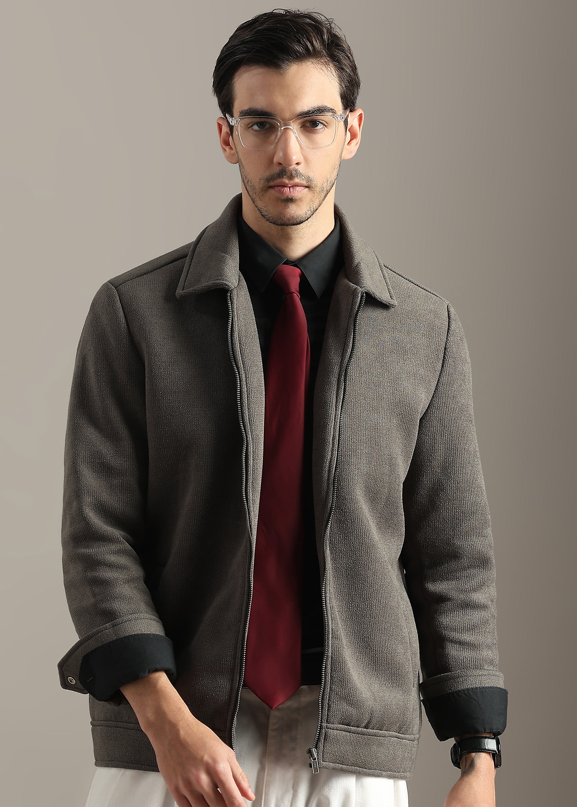 OLIVE STRUCTURED BLOUSON FULL SLEEVE JACKET